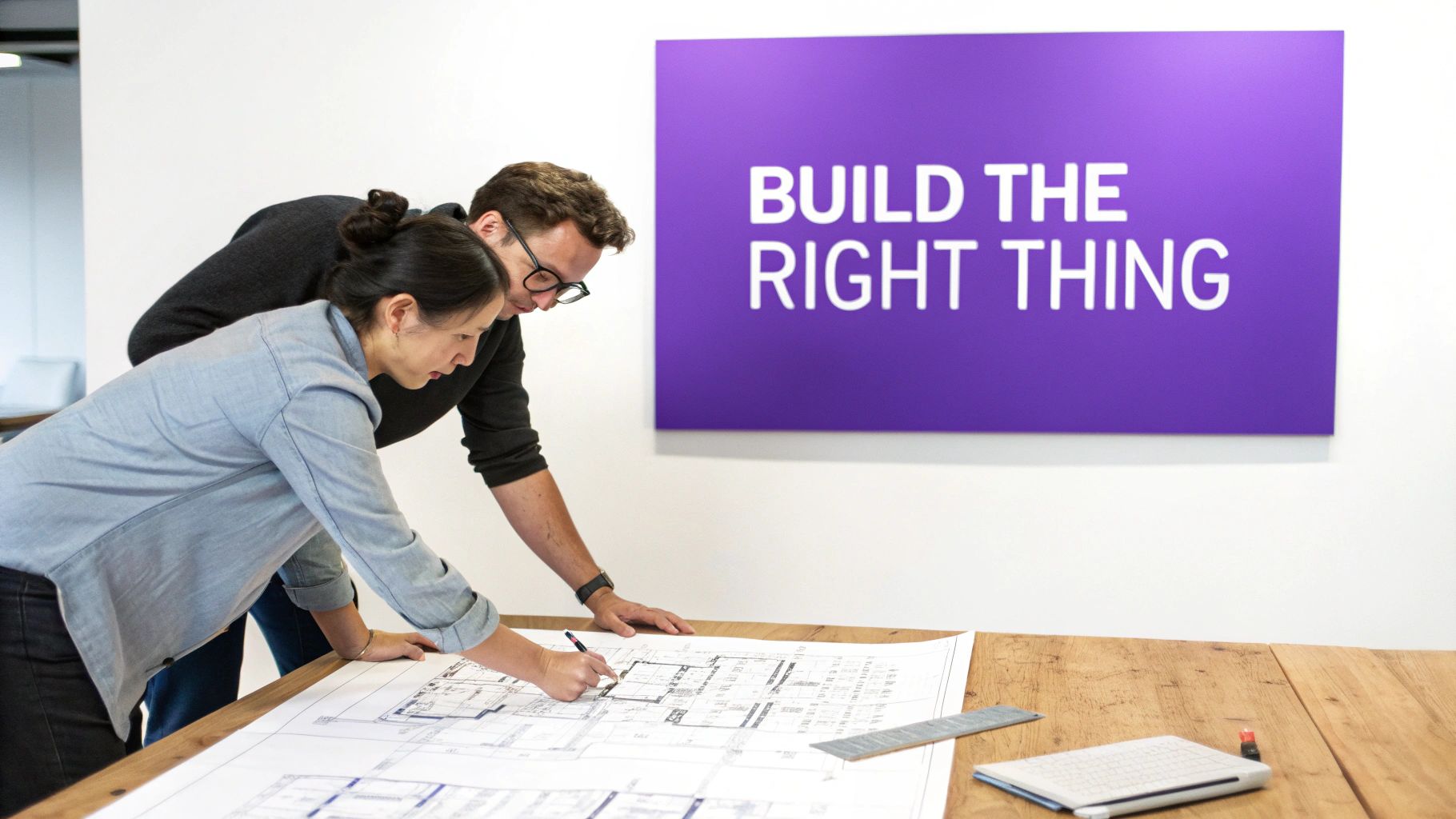 A team collaborating on a whiteboard during a product discovery session, using sticky notes and diagrams.