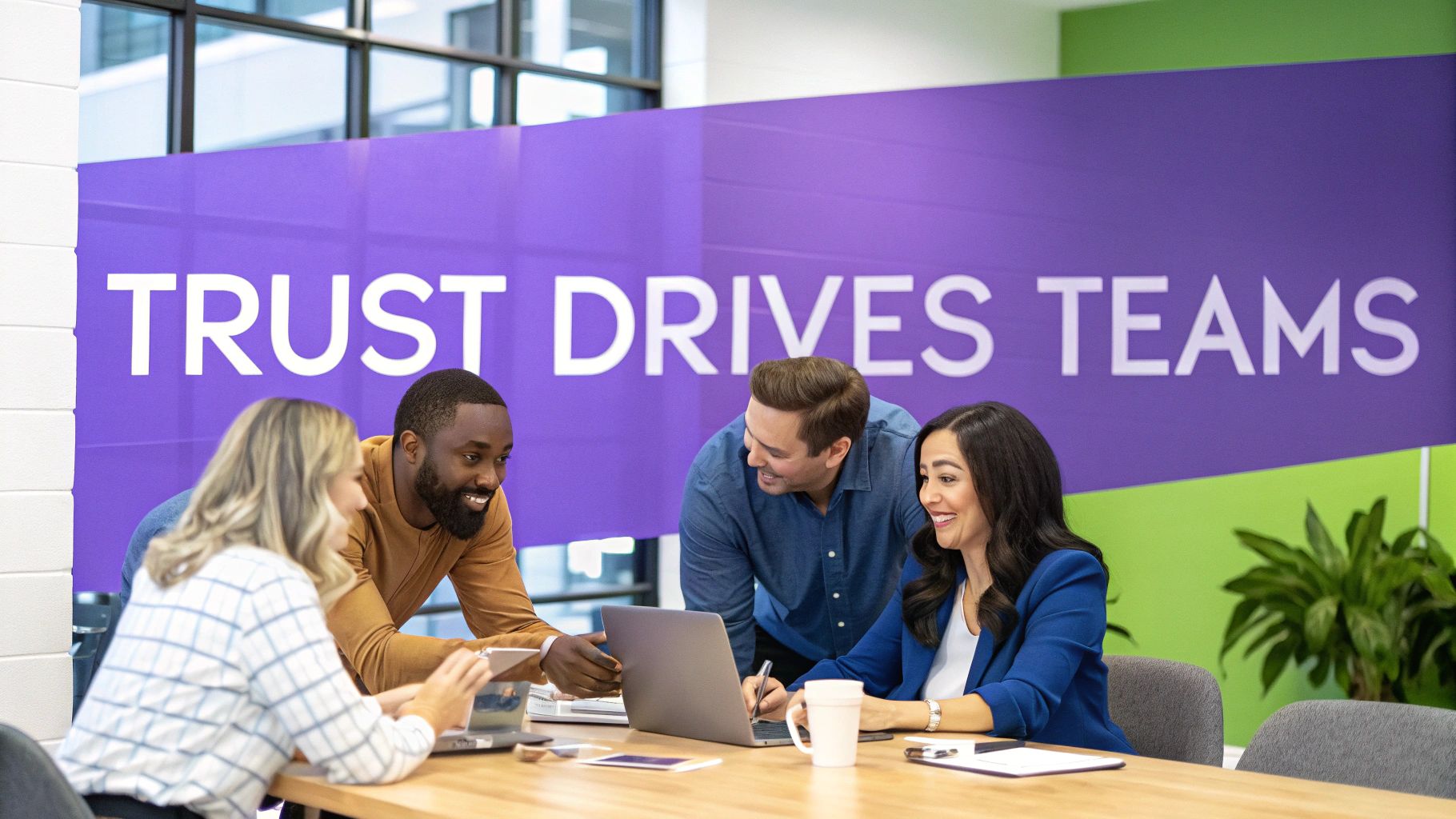 A team of professionals collaborating around a table, symbolizing trust and teamwork.