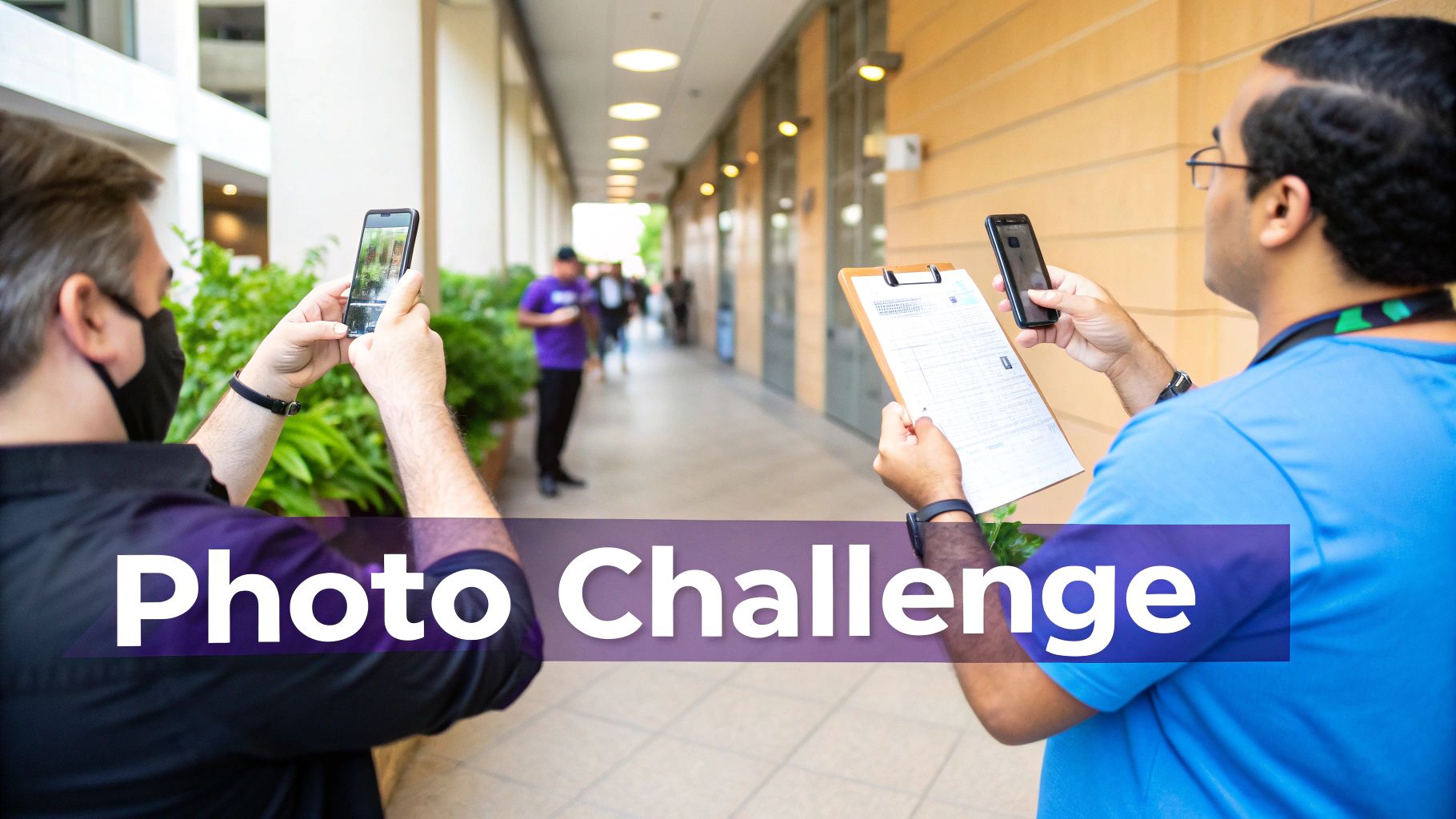 Two men participate in a photo challenge event, one taking a picture, the other checking a clipboard.