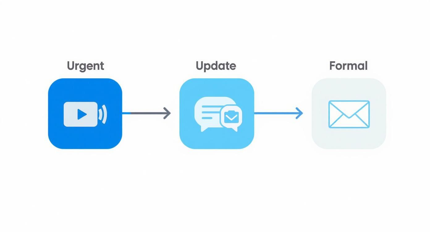 Flowchart showing communication methods: urgent (video call), update (chat message), and formal (email).