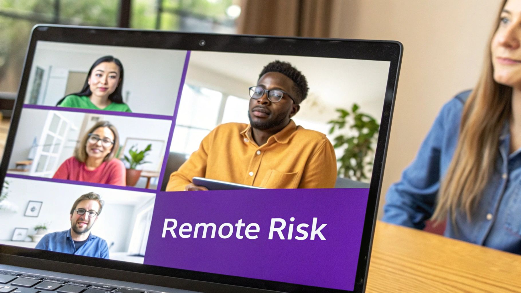 A laptop displays a video conference with four diverse people and text "Remote Risk".