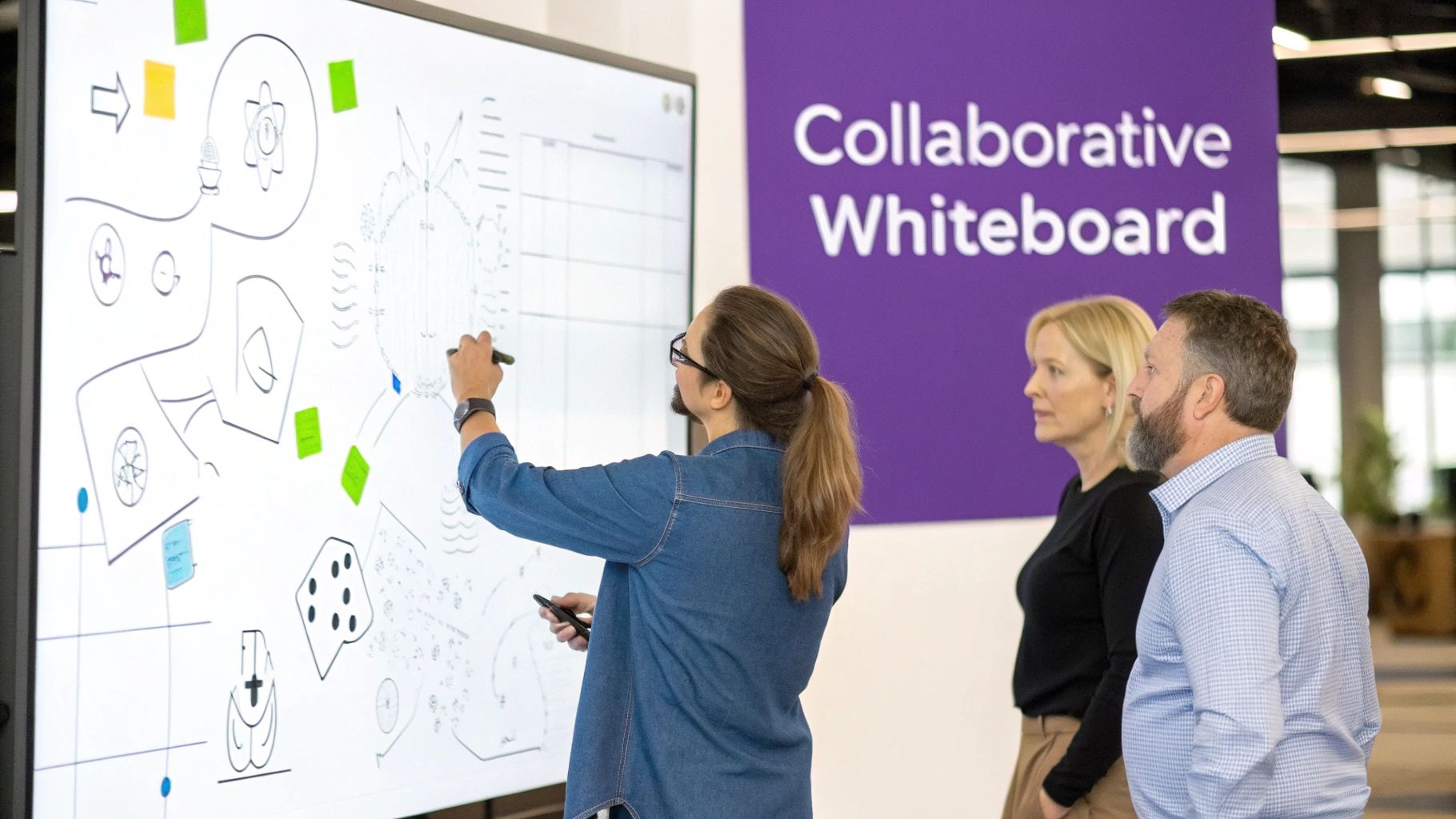 Diverse team brainstorming creative ideas on an interactive digital whiteboard in an office.