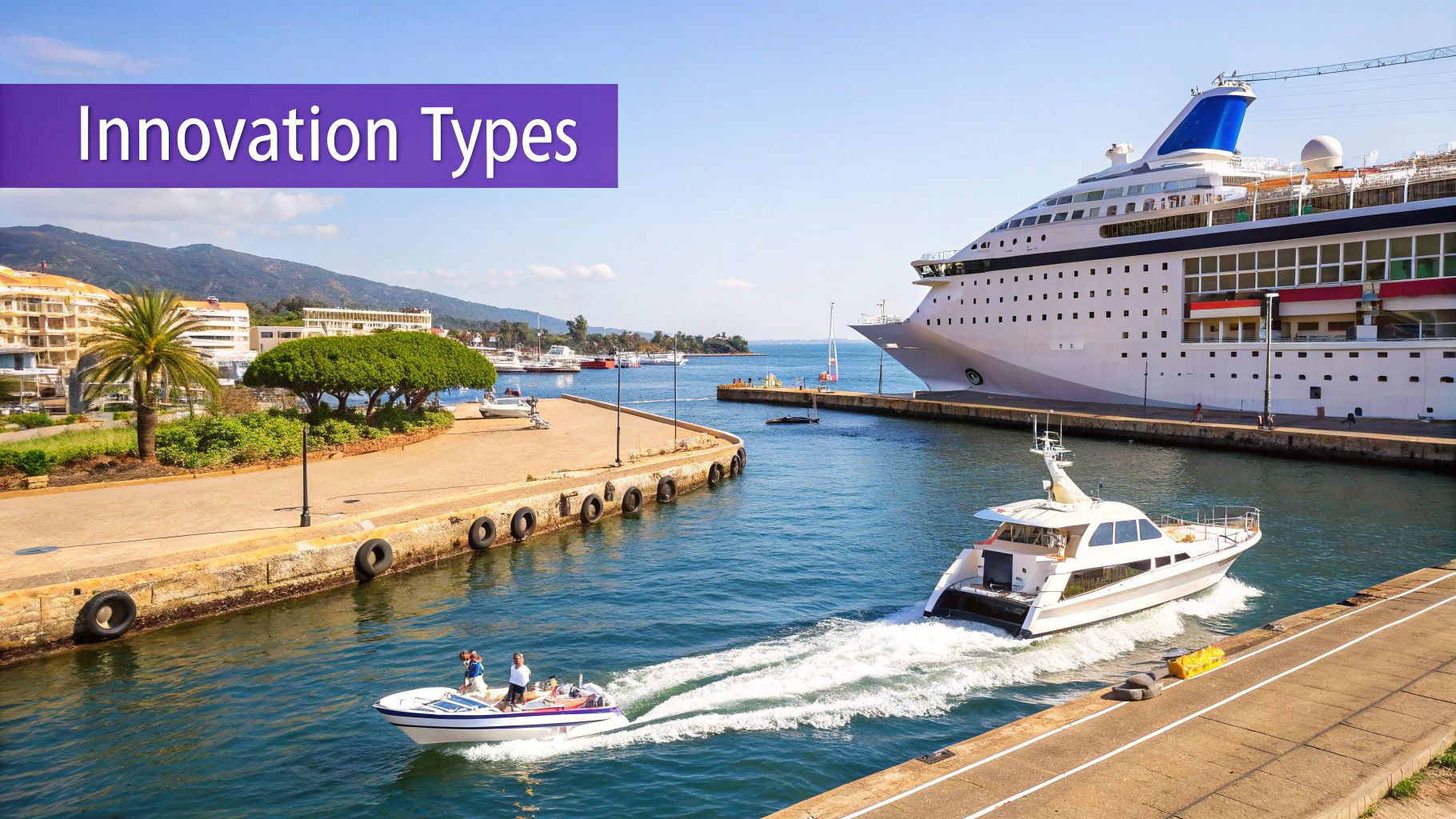 A busy port scene with various boats and ships, featuring a large cruise liner and smaller vessels.