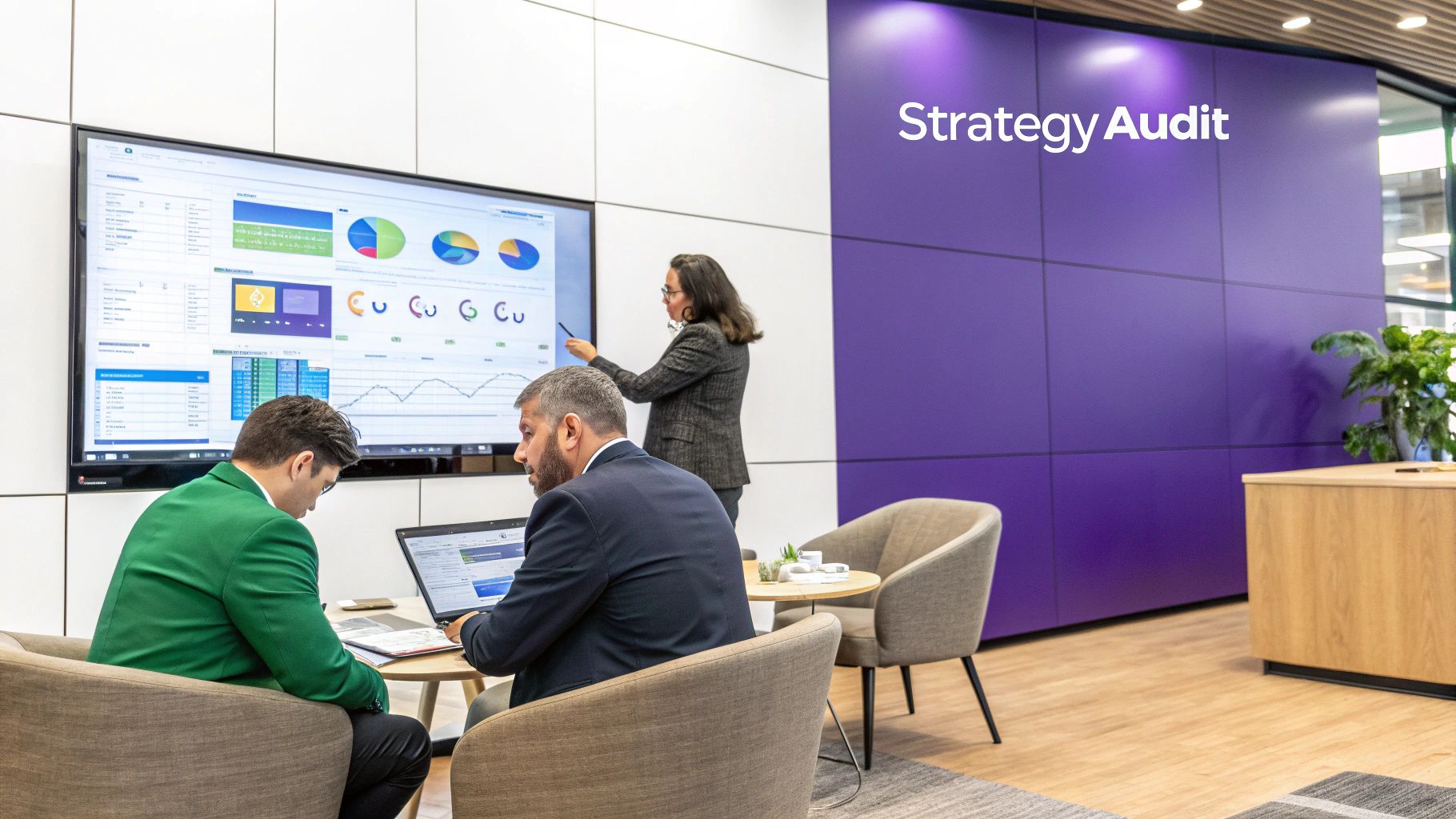 A team collaborating on a strategic plan using sticky notes on a glass wall, illustrating the foundational steps of strategic planning.