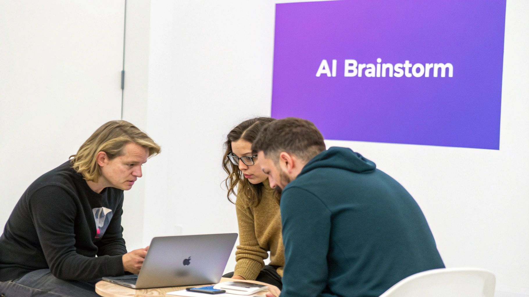 Three colleagues collaborate around a laptop during an AI brainstorm session in a bright office.
