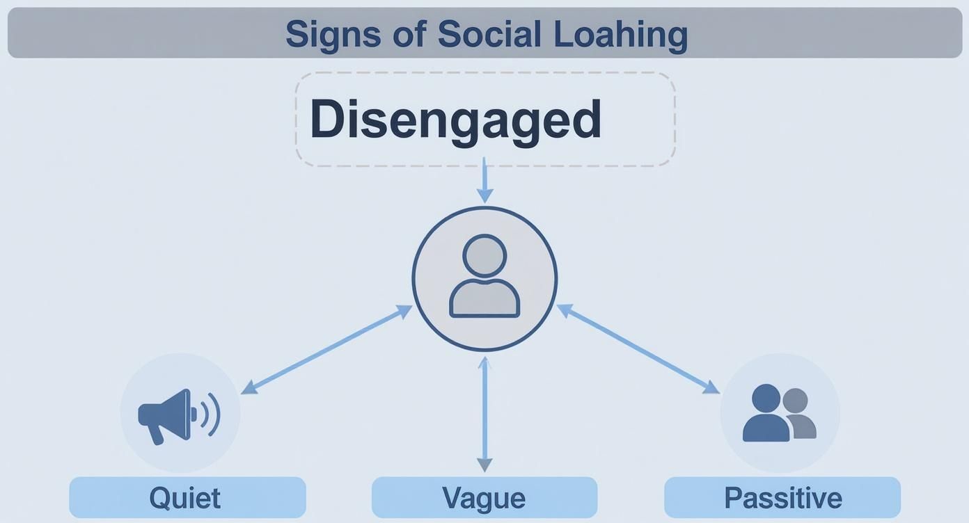 Diagram showing signs of social loafing, including disengagement, quietness, vagueness, and passivity.