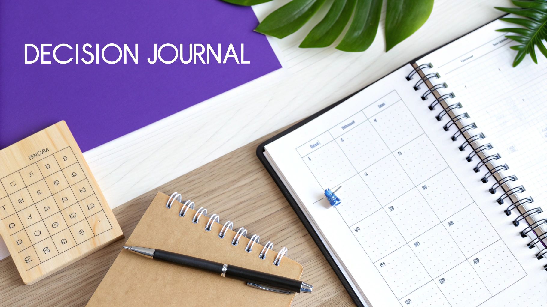 Decision journal text on purple background with calendar, notebook, pen and wooden puzzle on desk