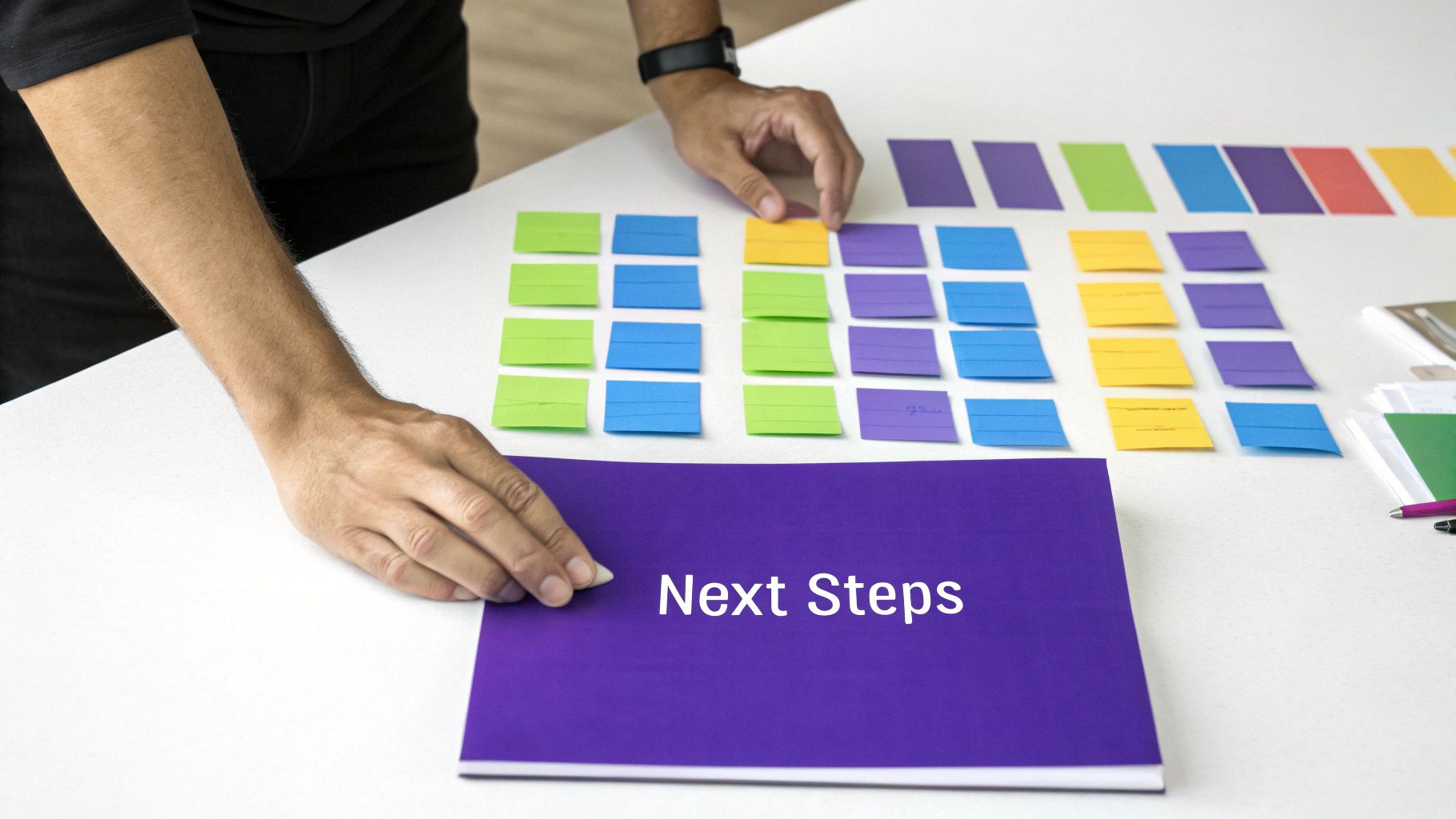 A person arranges colorful sticky notes for brainstorming on a table, next to a "Next Steps" book.
