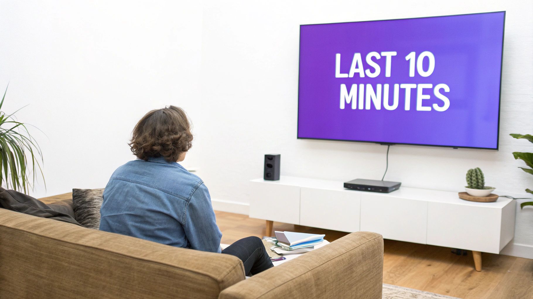 Person sitting on couch watching television screen displaying last 10 minutes warning message