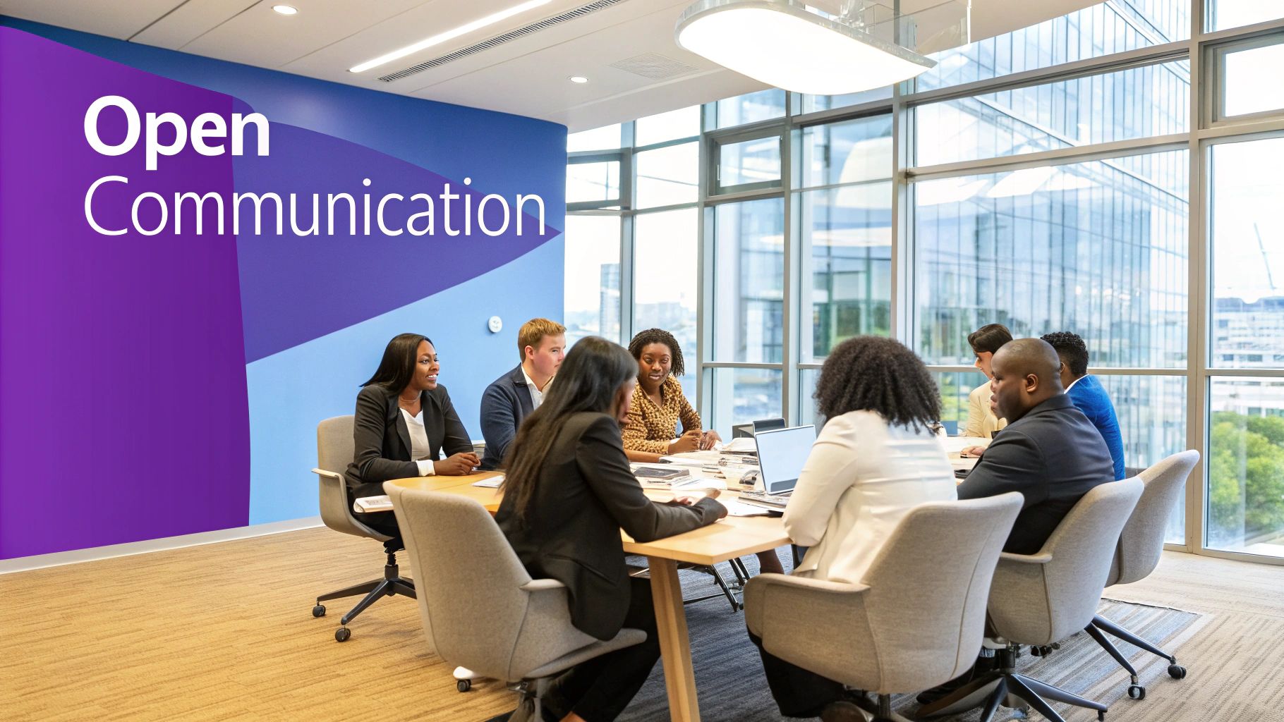 A diverse team of professionals collaborating and challenging ideas in a modern office.