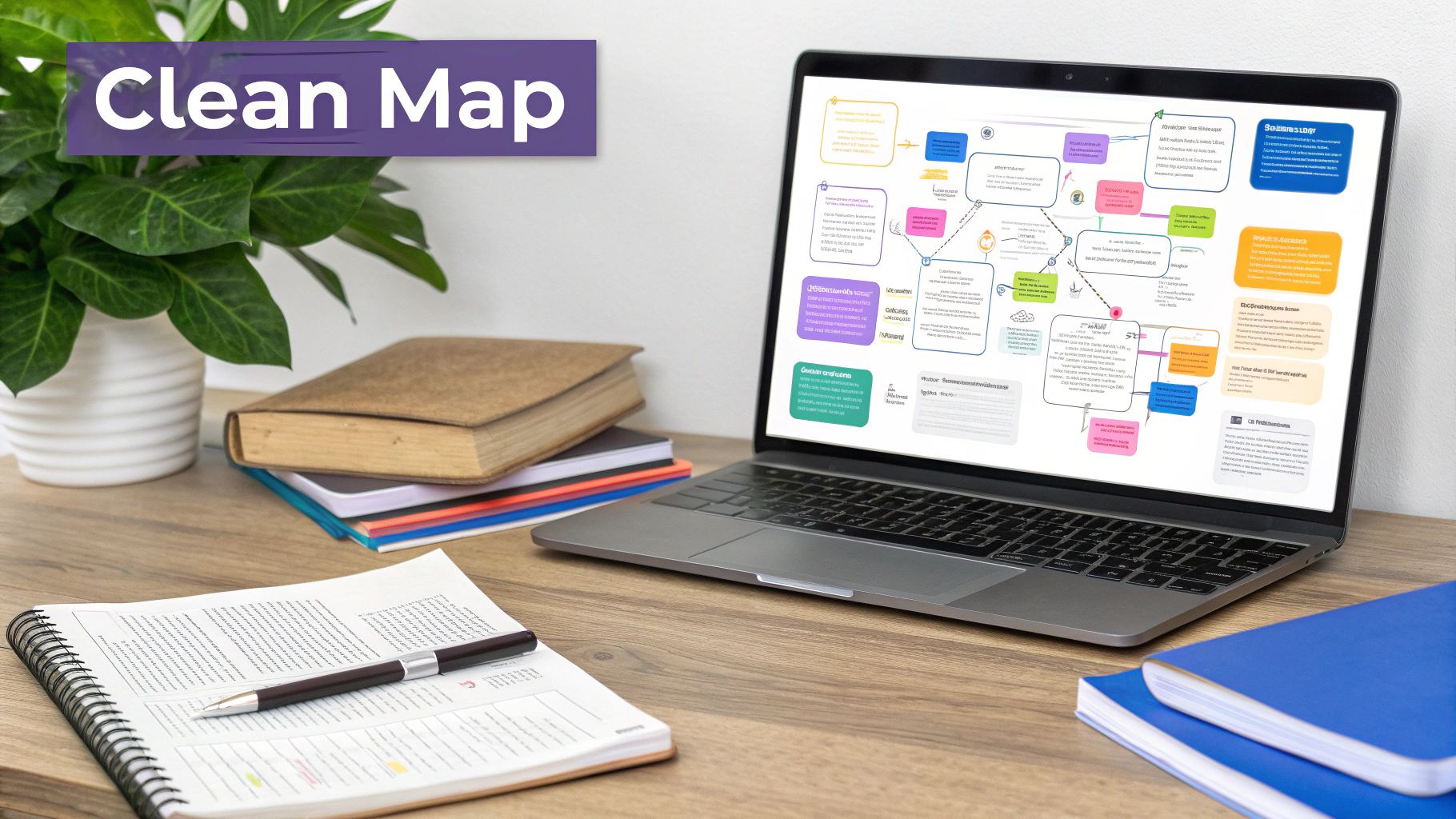 Modern workspace with a laptop displaying a colorful mind map, flanked by books, a plant, and a notepad.