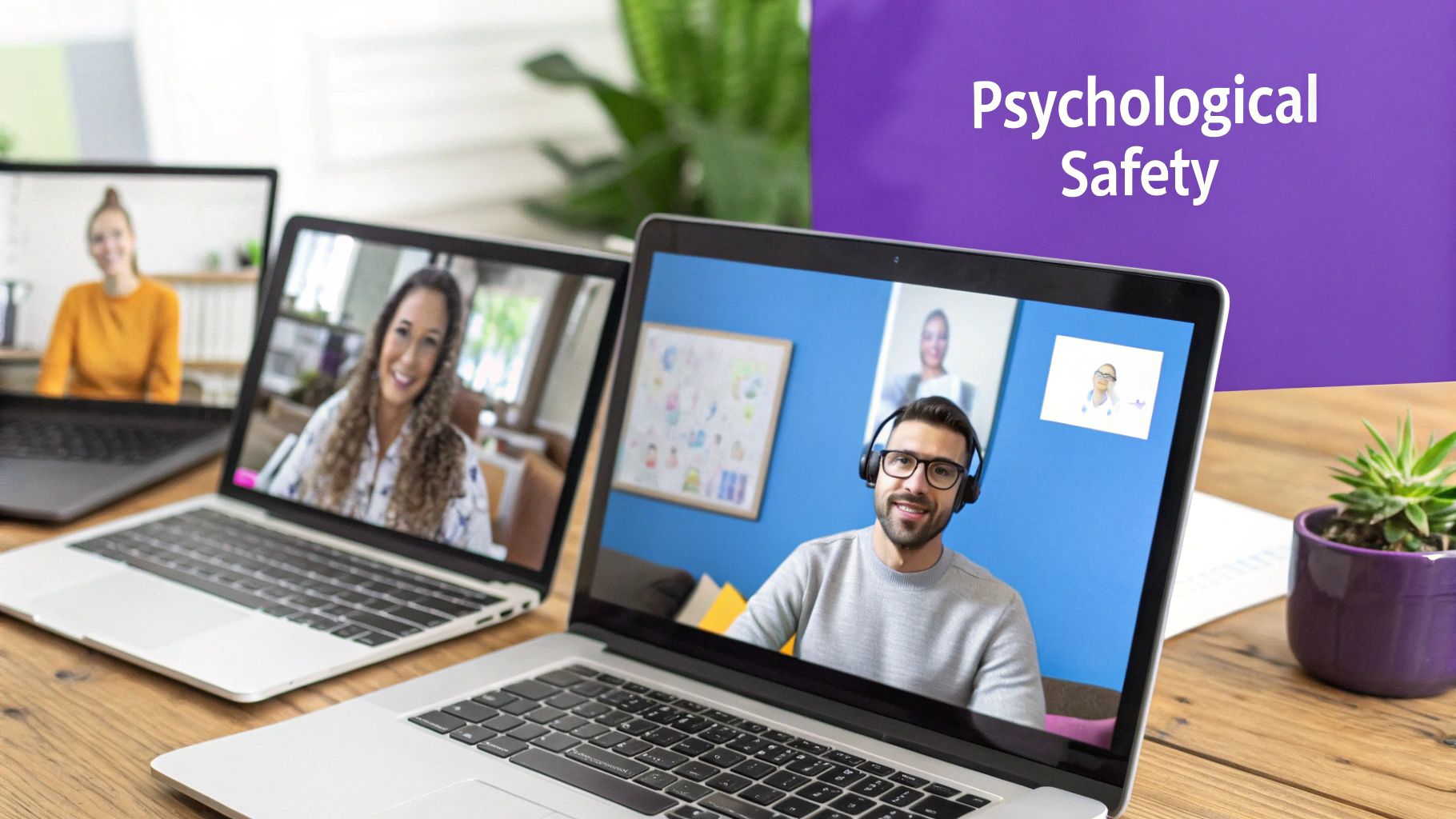 Three individuals participating in a virtual video call on laptops, promoting psychological safety.