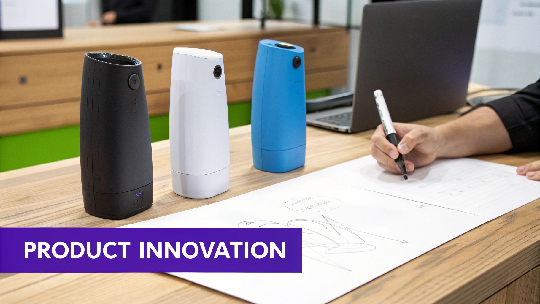 A person interacting with a smart home device on a kitchen counter