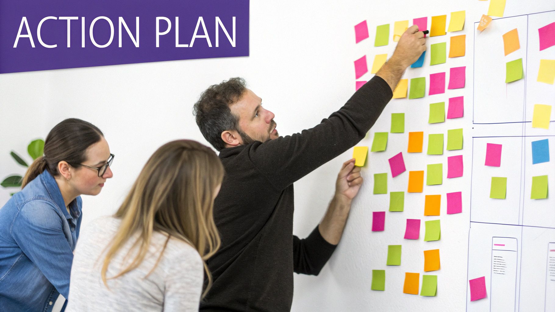 A team looking at a whiteboard covered in colorful sticky notes, turning ideas into a plan.