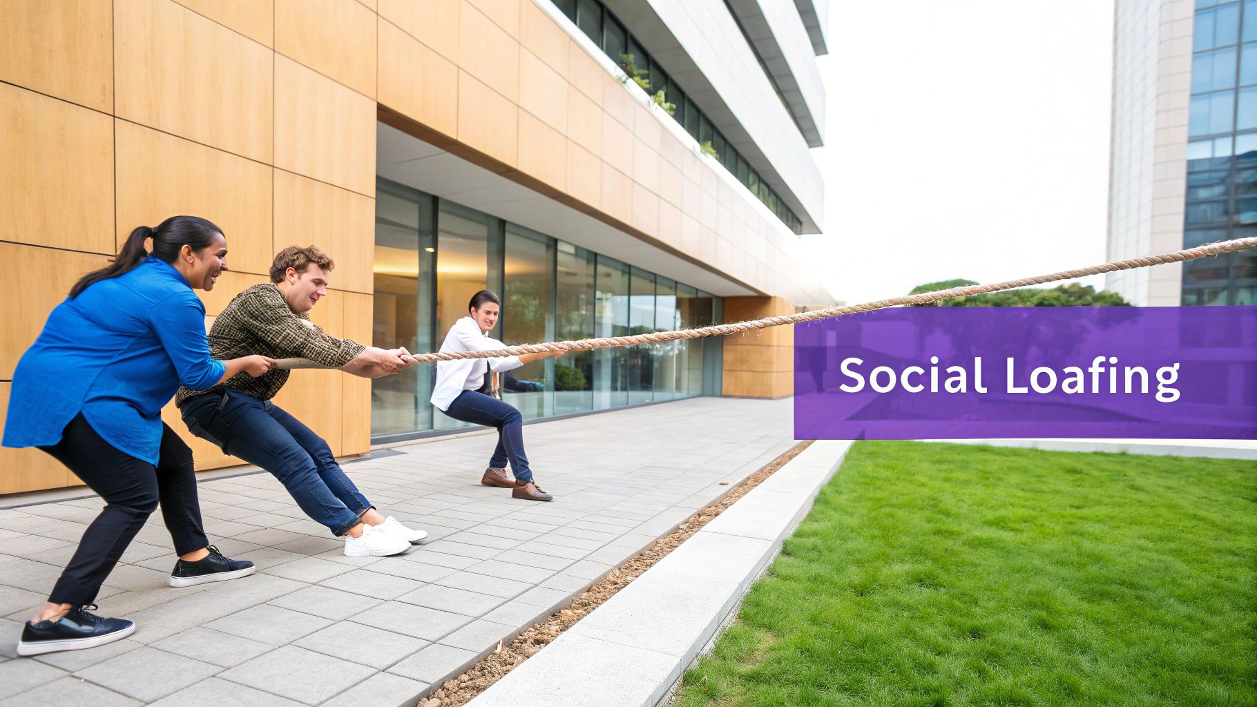 Three diverse people engaged in a tug-of-war game demonstrate the concept of social loafing.