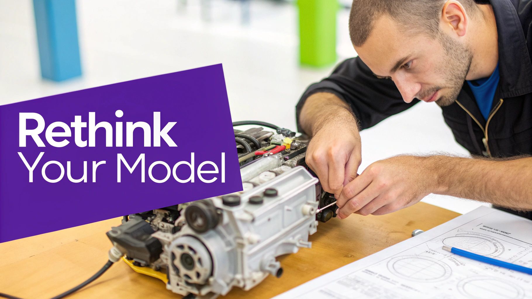A man meticulously works on a complex engine with tools and blueprints, beside 'Rethink Your Model' text.