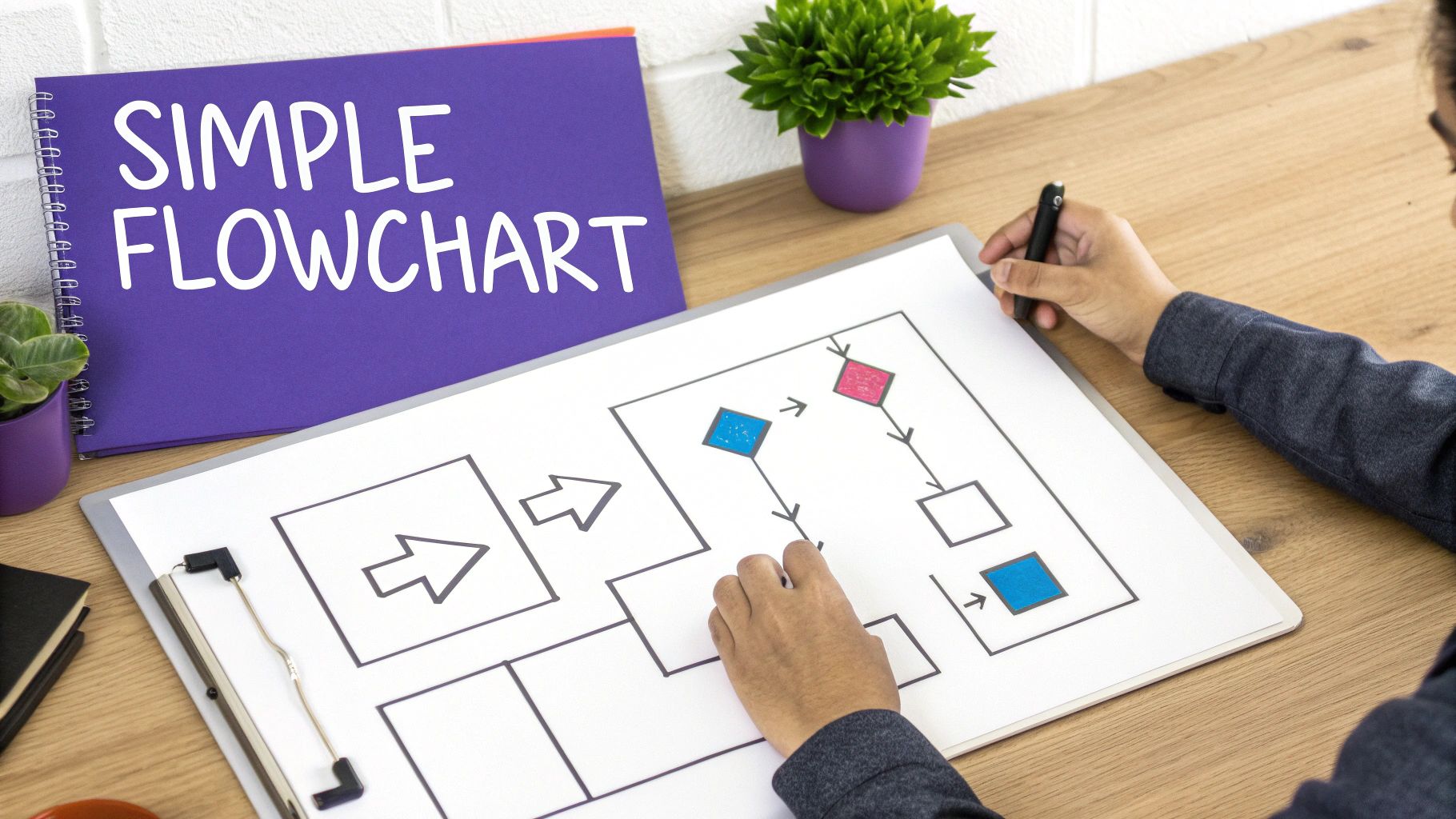 A person's hands drawing a simple flowchart on a white board with a purple notebook nearby.