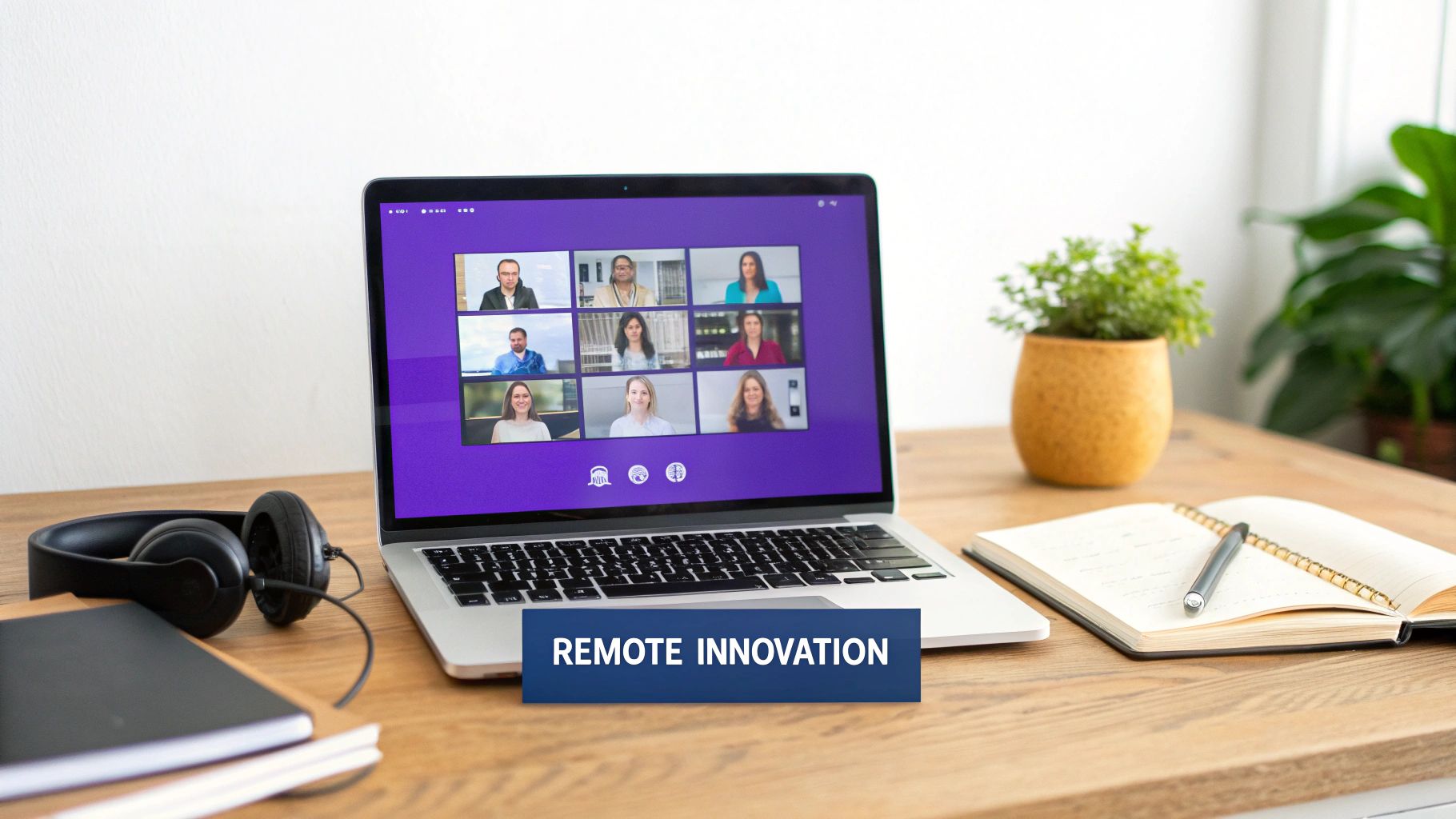 Laptop showing a remote video conference with multiple people, headphones, and notebooks on a desk, with a 'REMOTE INNOVATION' banner.