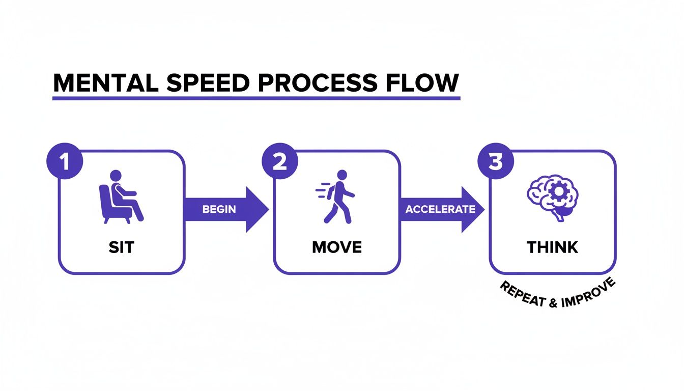 A diagram illustrating the Mental Speed Process Flow with three steps: Sit, Move, Think, and 'Repeat & Improve'.