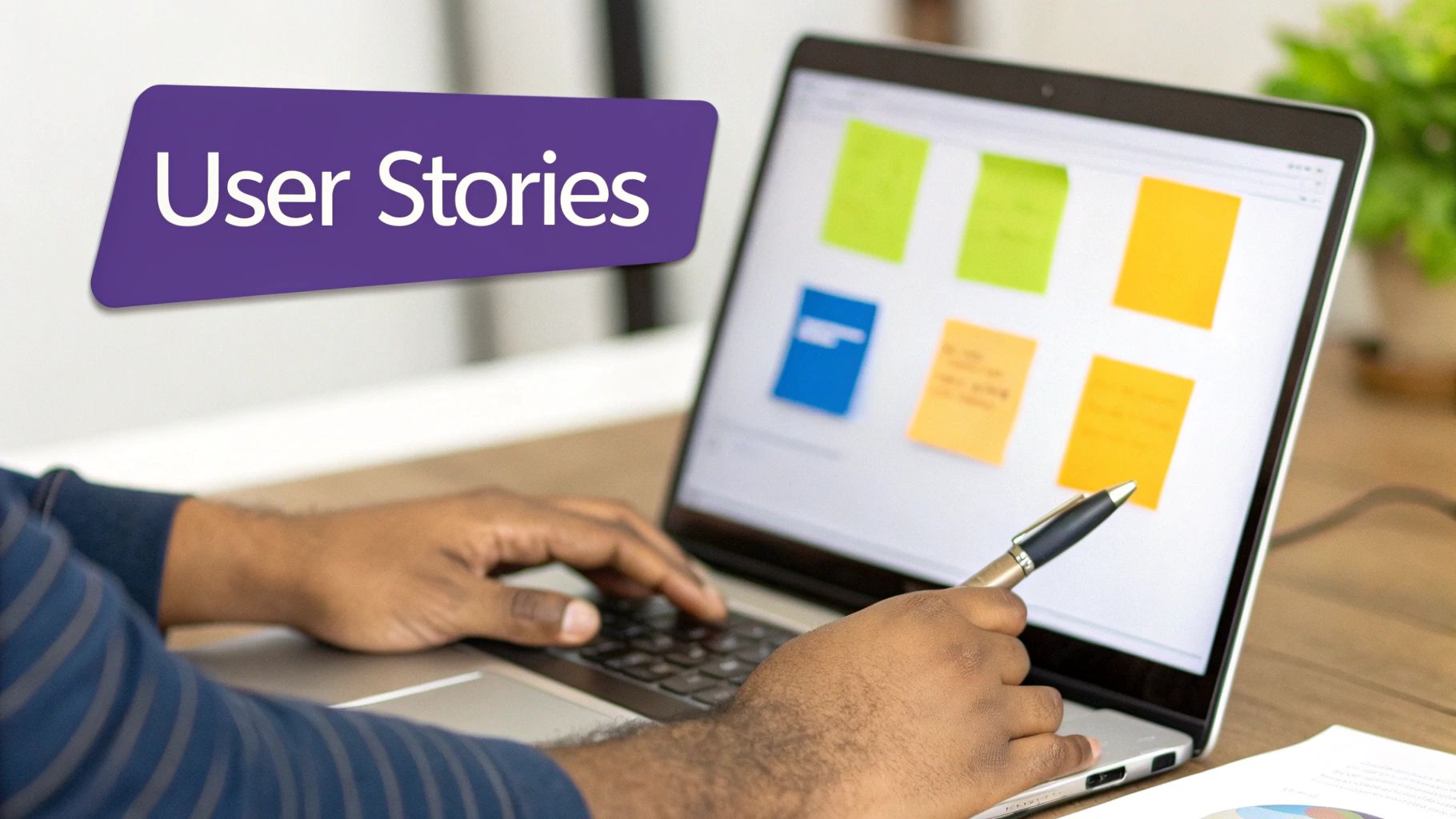 Person working on laptop with colorful sticky notes displaying user stories on screen