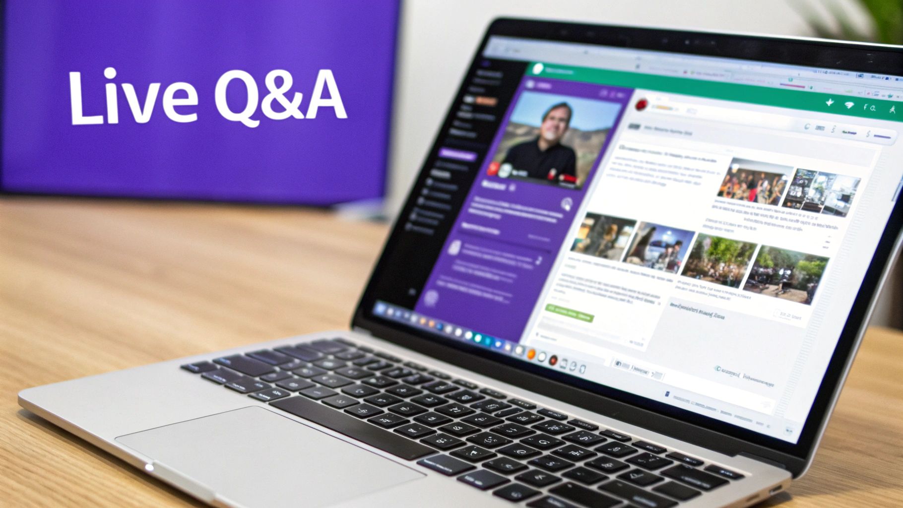 A laptop screen displays a live Q&A video call with a speaker, alongside a 'Live Q&A' sign.