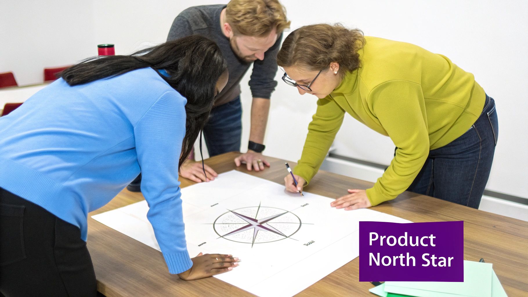 Three business professionals collaborating on product north star diagram during strategic planning workshop
