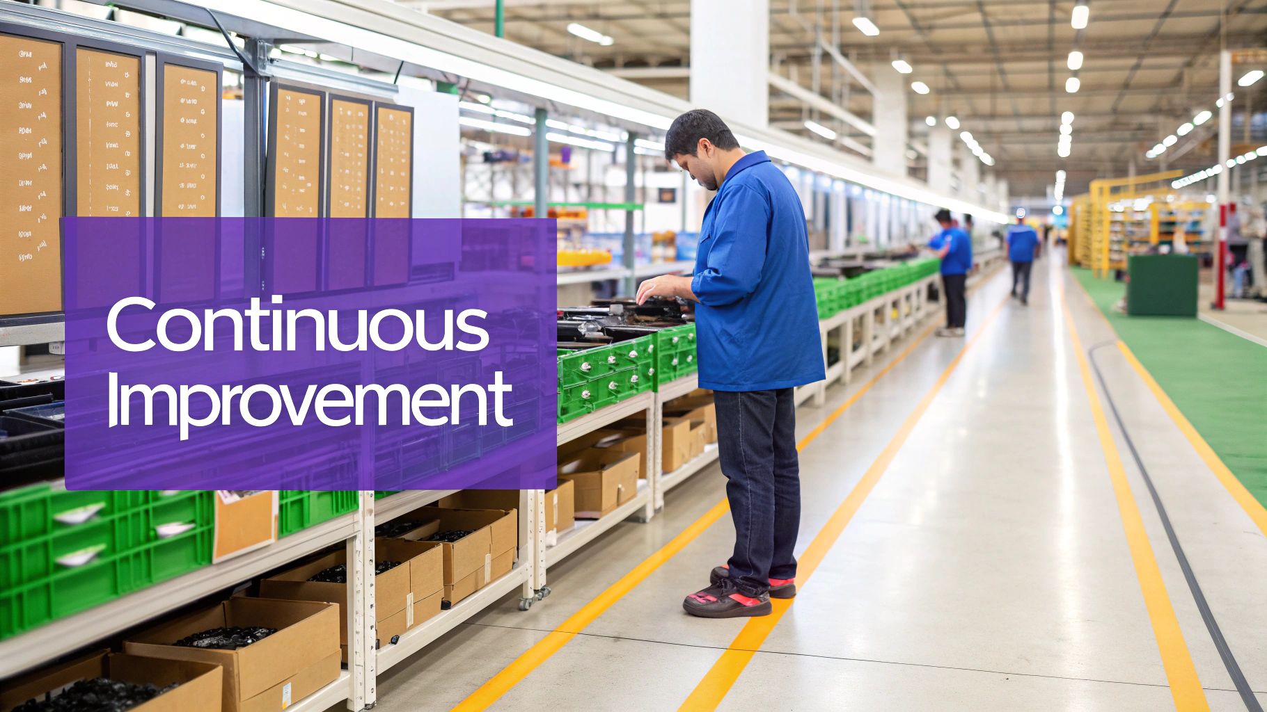 A factory worker assembles parts on a manufacturing line under a 'Continuous Improvement' sign.