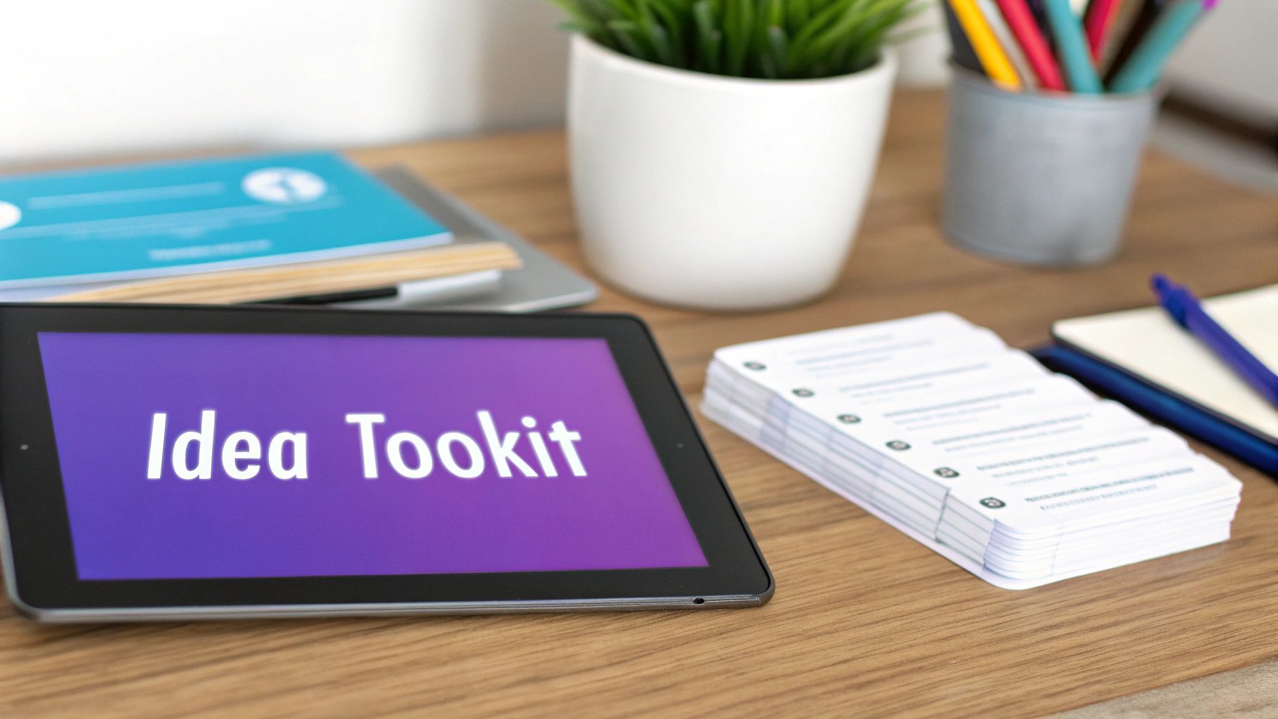 A creative desk setup features a tablet displaying "Idea Toolkit" alongside a stack of question cards.