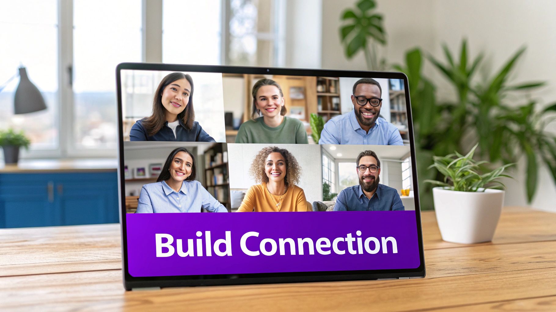 A tablet displays a video conference with six diverse smiling professionals and a 'Build Connection' banner.