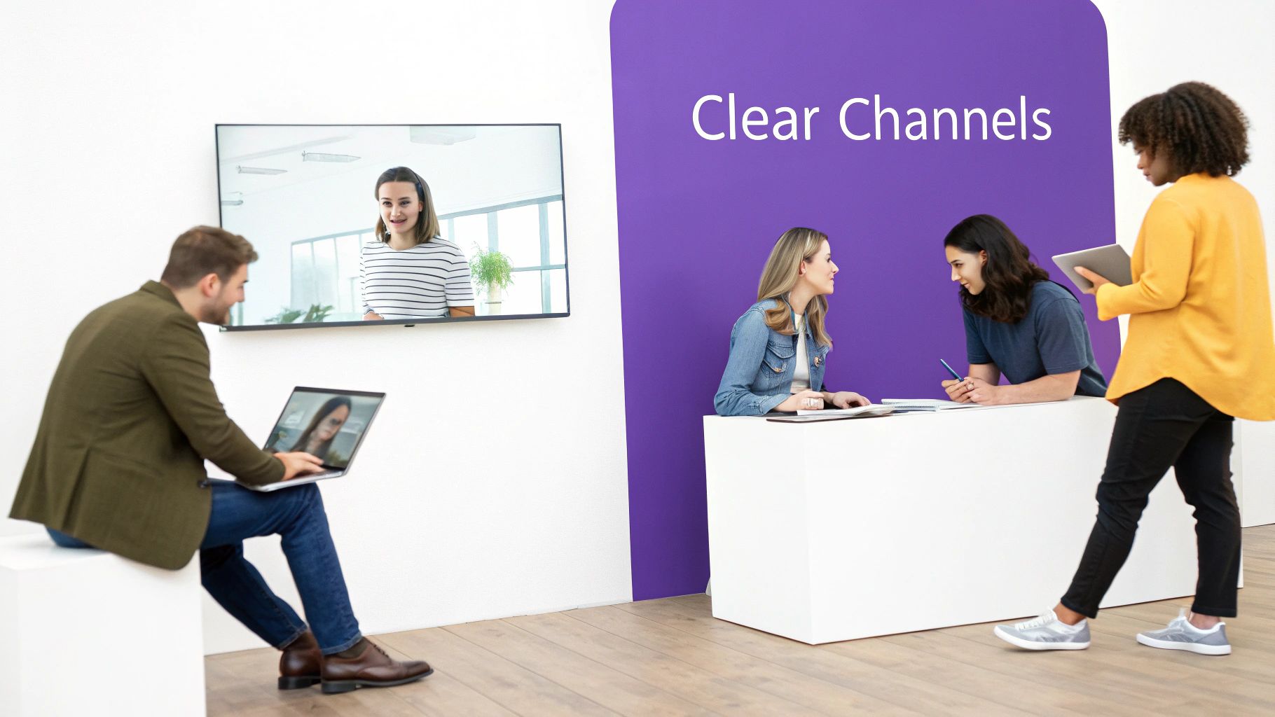 Diverse group of people collaborating in a modern office with video calls and discussions.