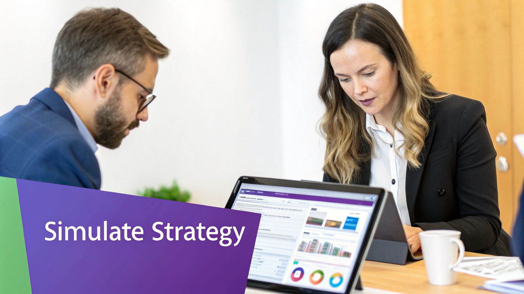 Two business professionals collaborate, simulating strategy by reviewing data and charts on a digital tablet.