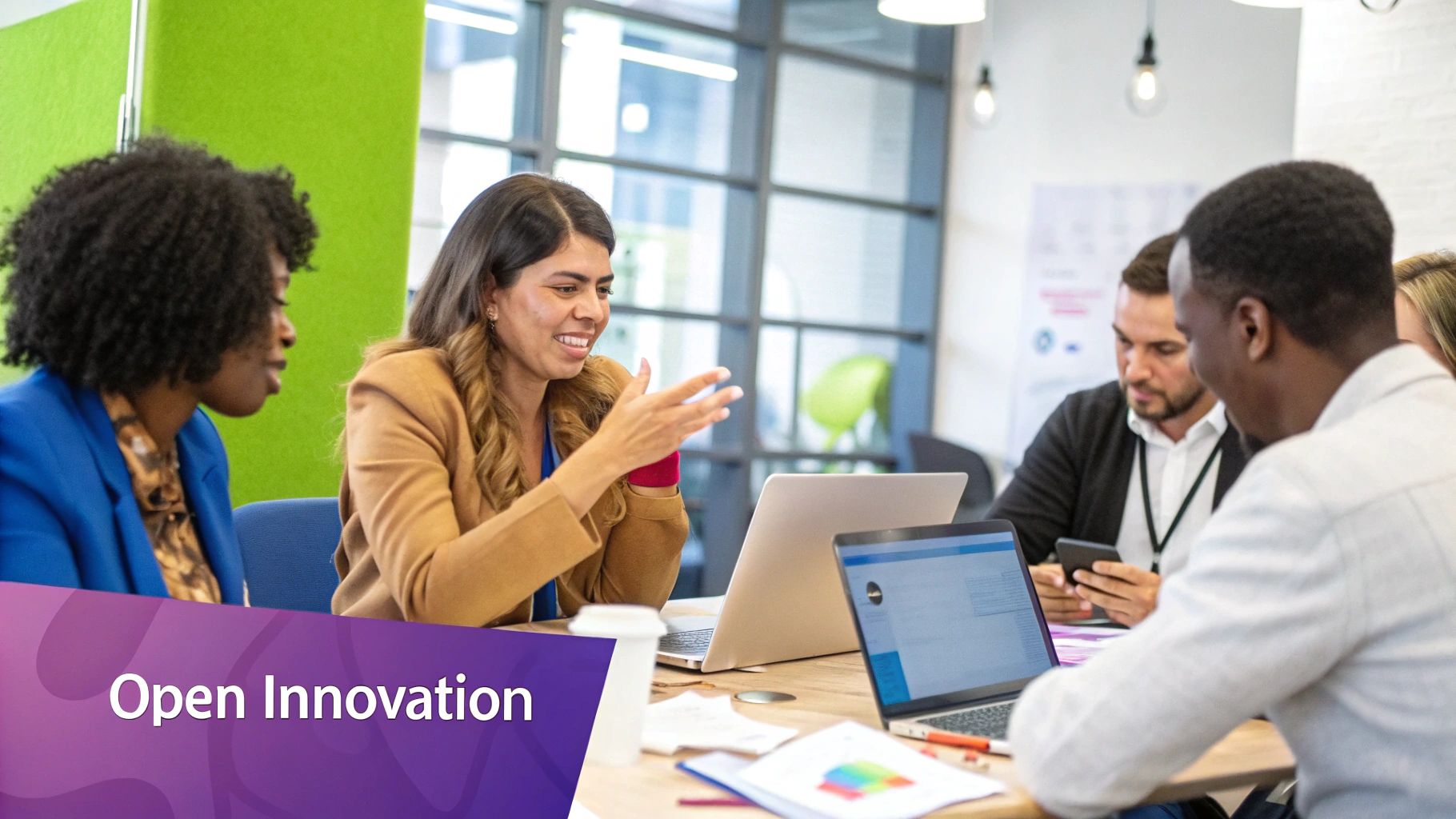 A group of diverse professionals collaborating around a digital whiteboard