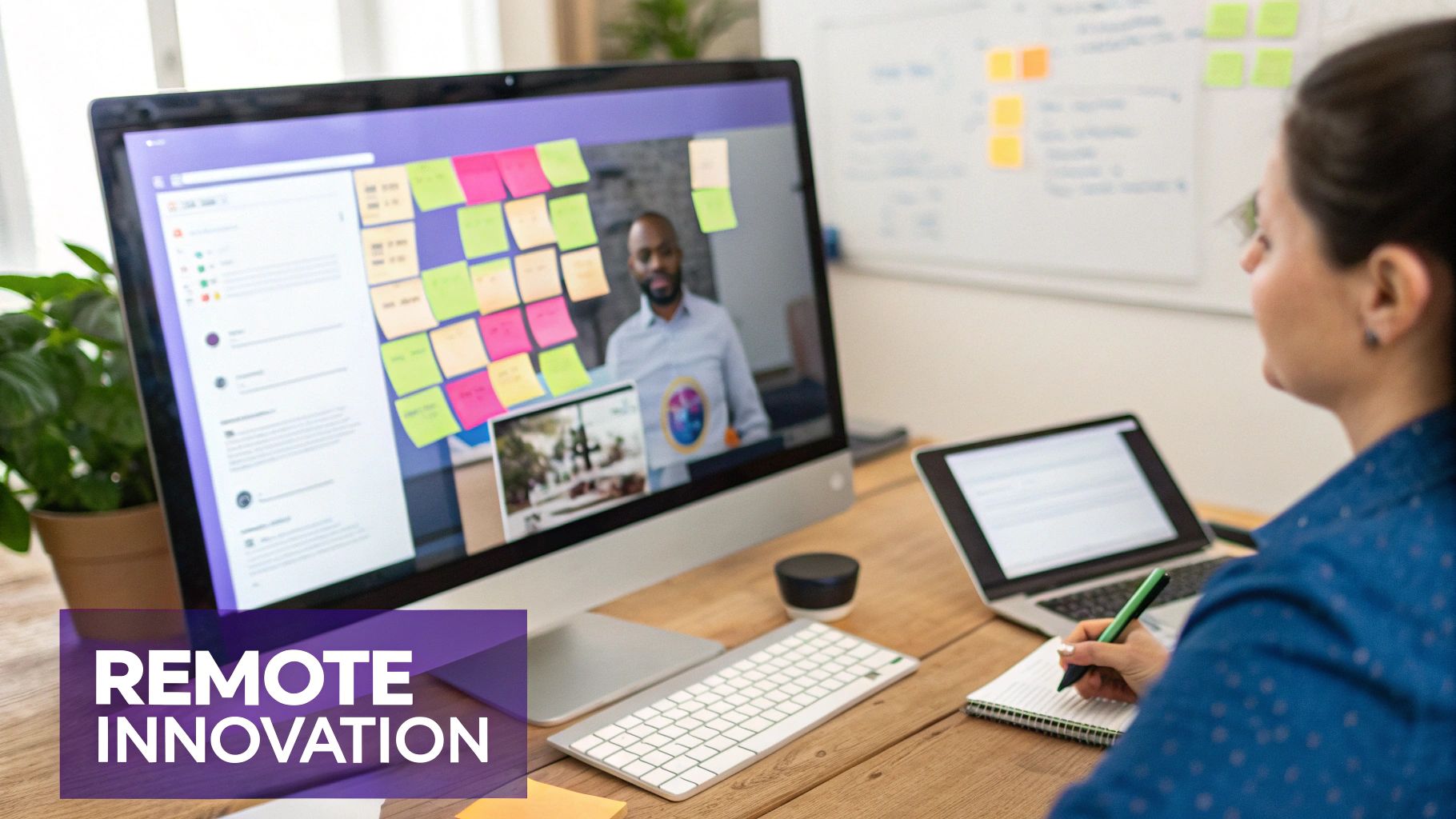 A woman takes notes while on a remote video call with a male colleague for business collaboration.