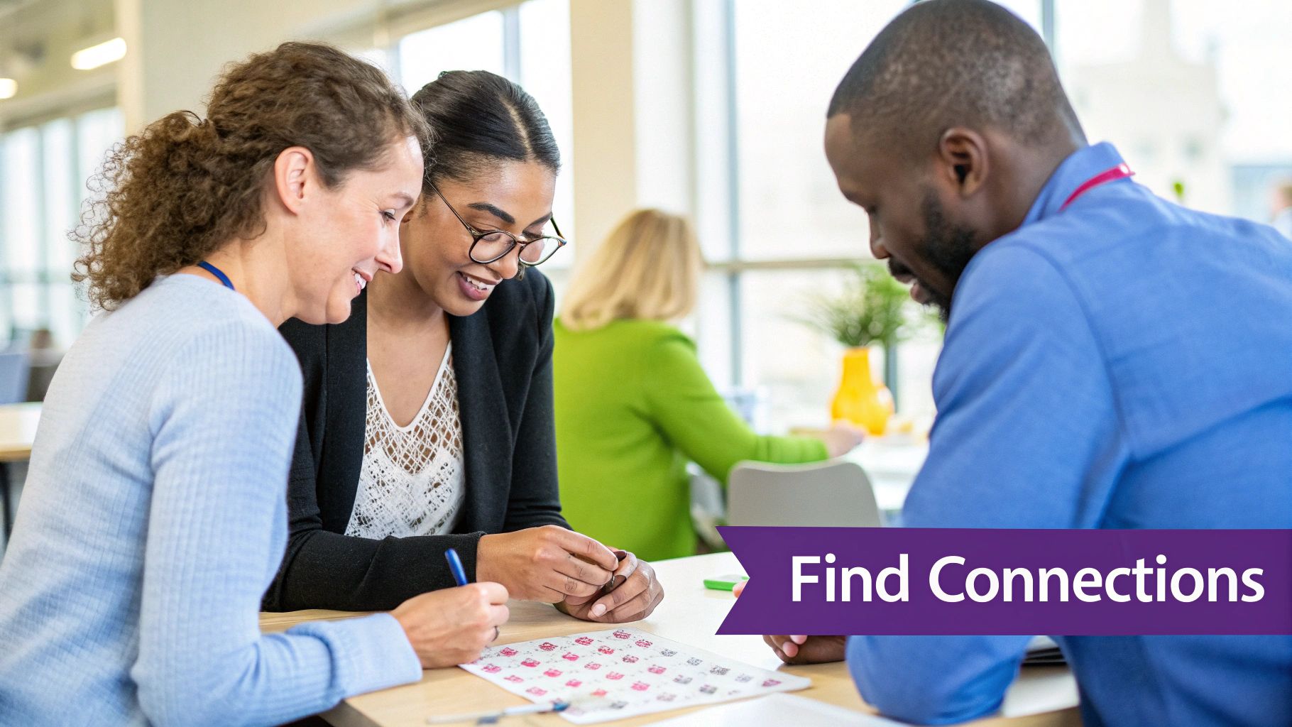 Three diverse professionals smiling and collaborating over a document, embodying teamwork and connections.