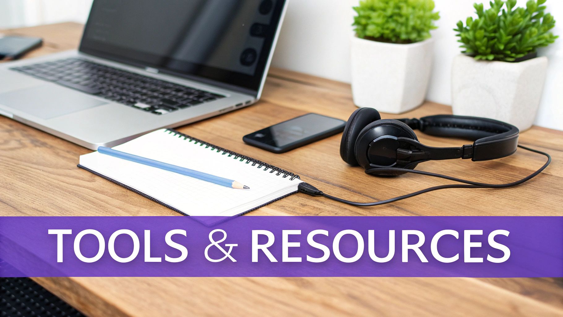 A neatly arranged desk featuring a laptop, notebook, smartphone, black headphones, and two green plants.