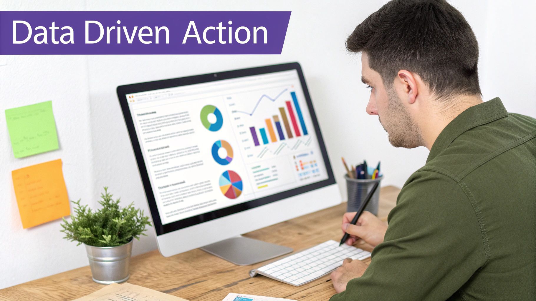 A man intently analyzes data visualizations on a computer screen, demonstrating data-driven decision-making.