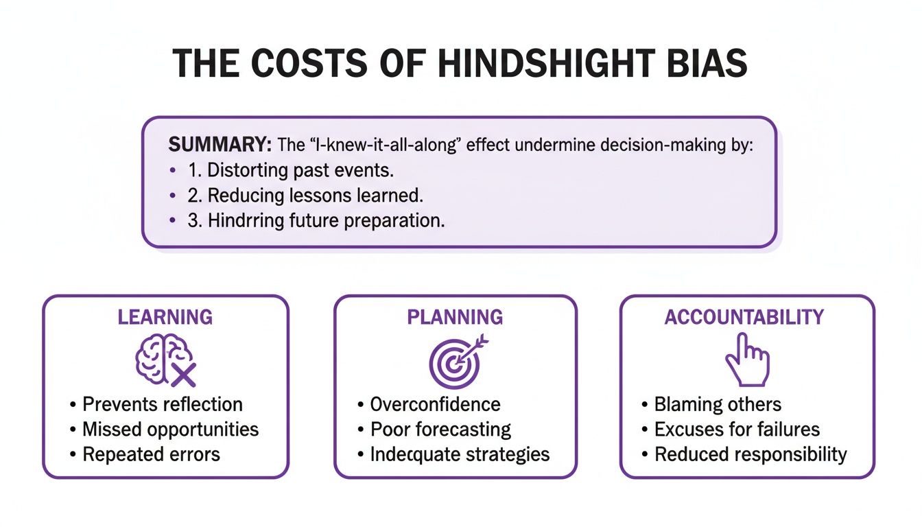 An infographic detailing the various costs and negative effects of hindsight bias on decision-making.