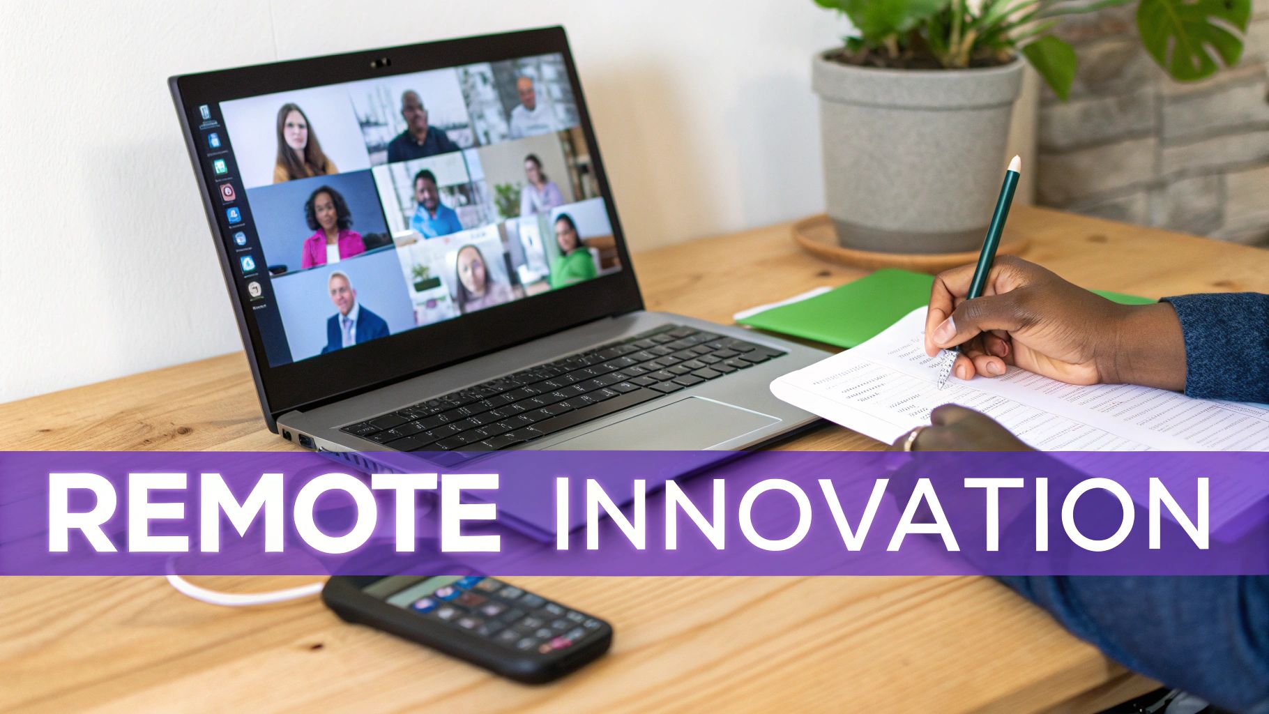 A person writing notes while participating in a remote video conference on a laptop, emphasizing remote innovation.