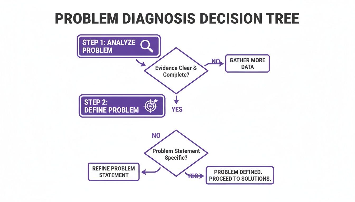 A problem diagnosis decision tree flowchart, detailing steps to analyze and define a problem.