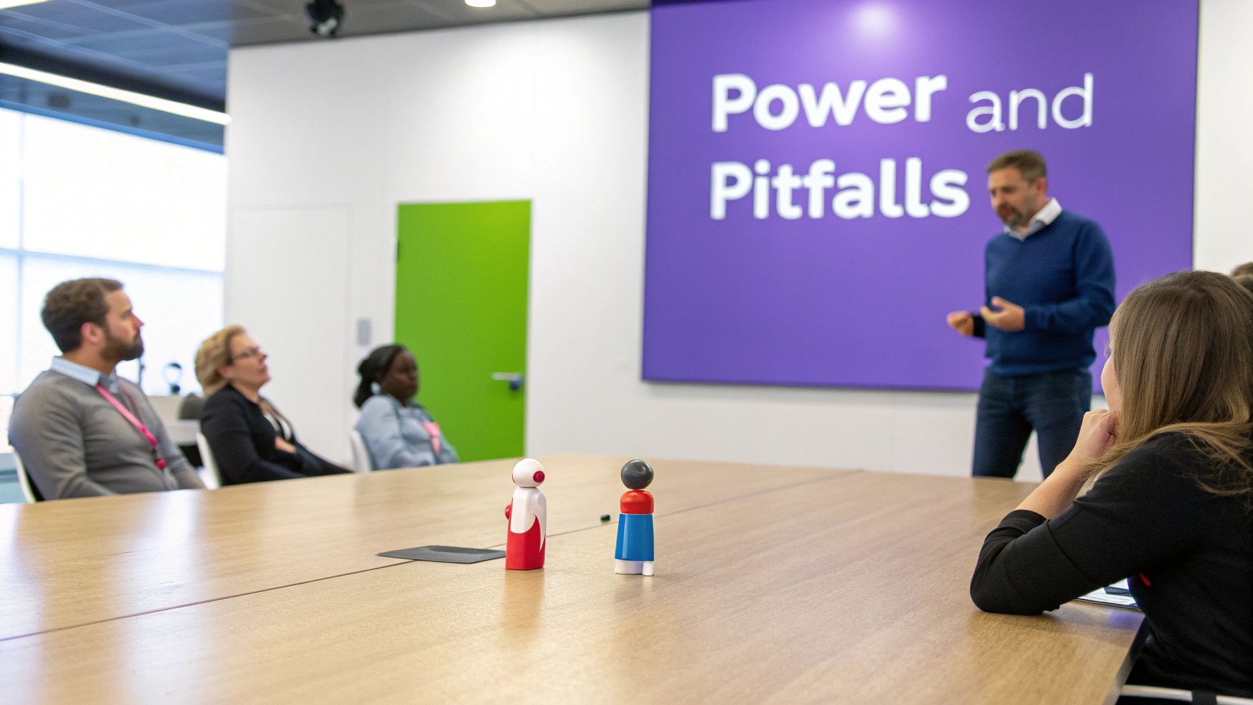A group of professionals attending a presentation on 'Power and Pitfalls' in a modern meeting room.