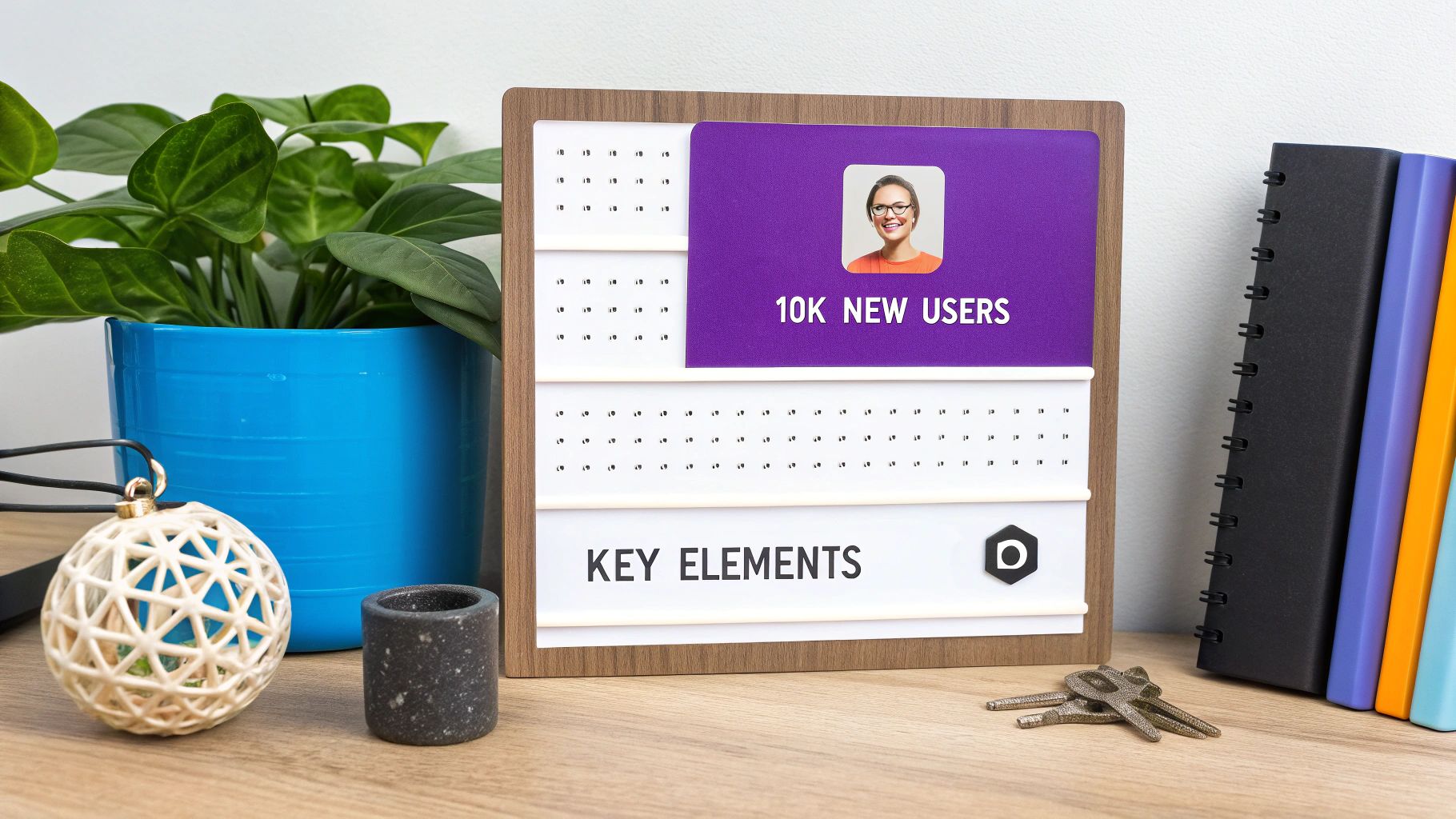 A modern letter board on a wooden desk with a plant, notebooks, and keys, showing '10K NEW USERS' and 'KEY ELEMENTS'.