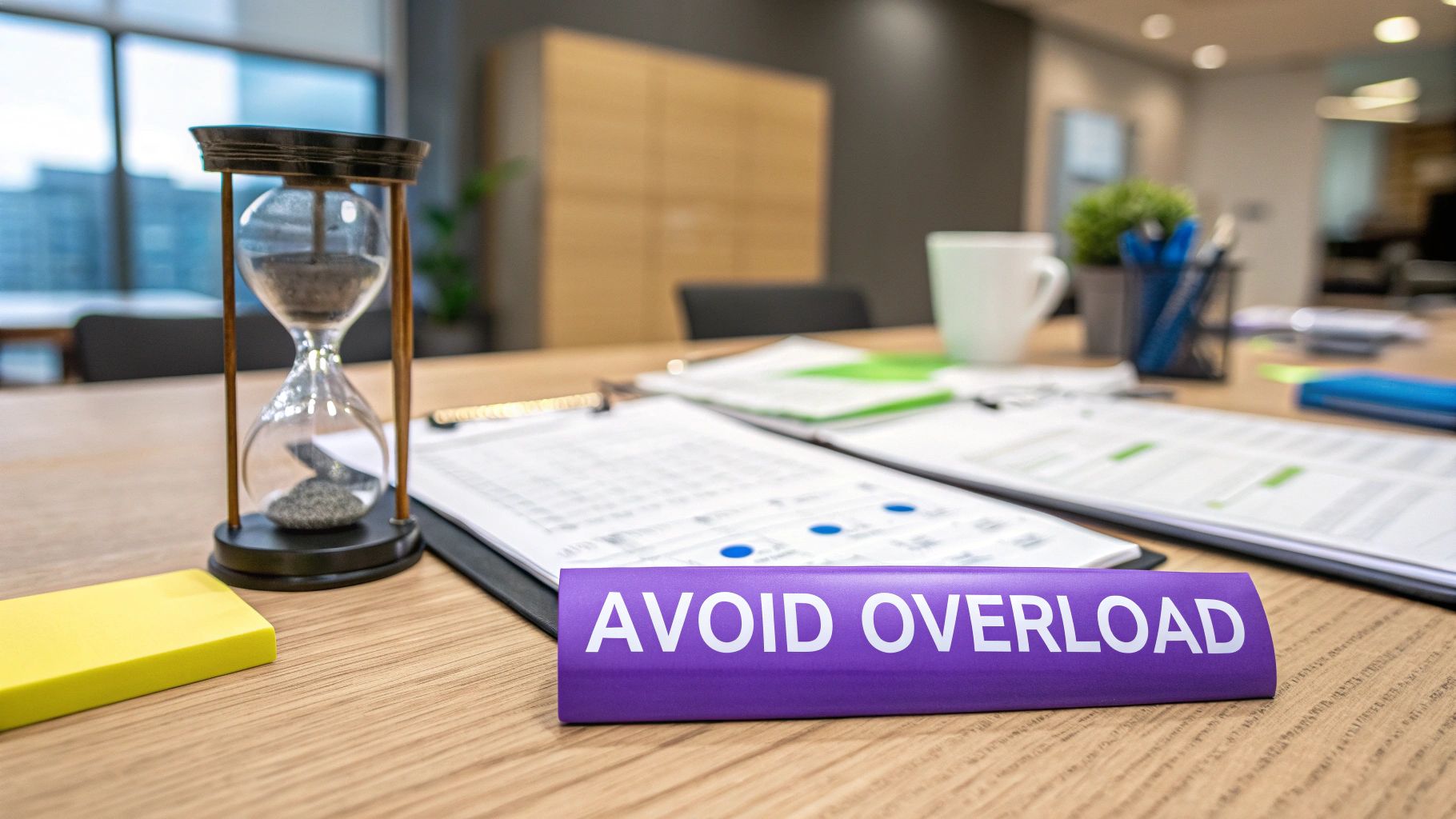 A person looking at a messy, confusing agenda on a whiteboard, looking stressed.