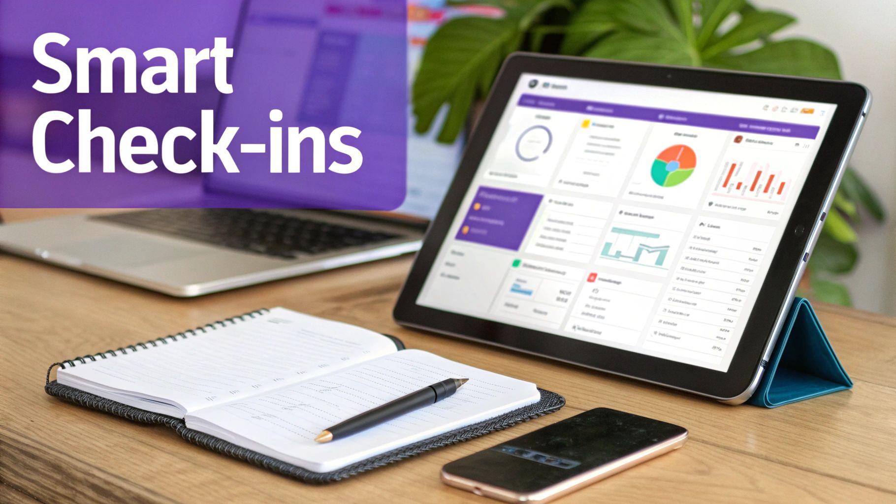 A desk setup with 'Smart Check-ins' text, a tablet displaying a dashboard, laptop, notebook, and phone.