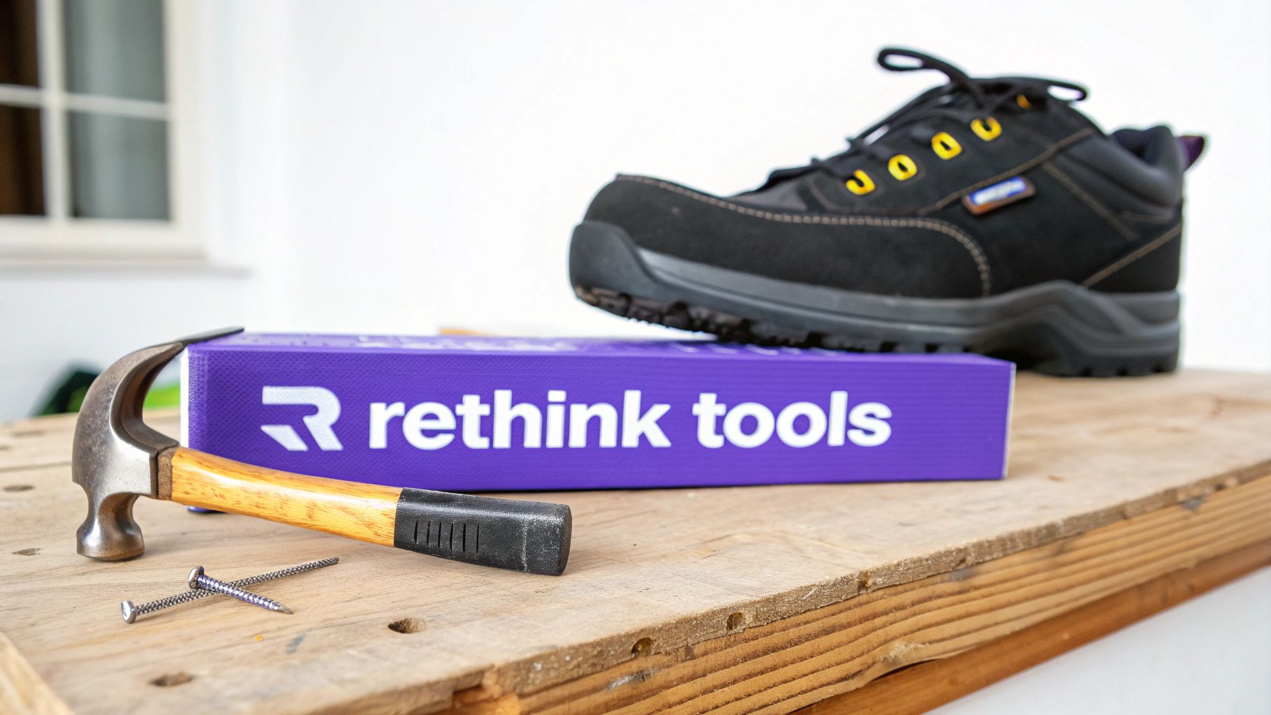 A claw hammer, two screws, a purple "rethink tools" box, and a black safety shoe on a wooden surface.