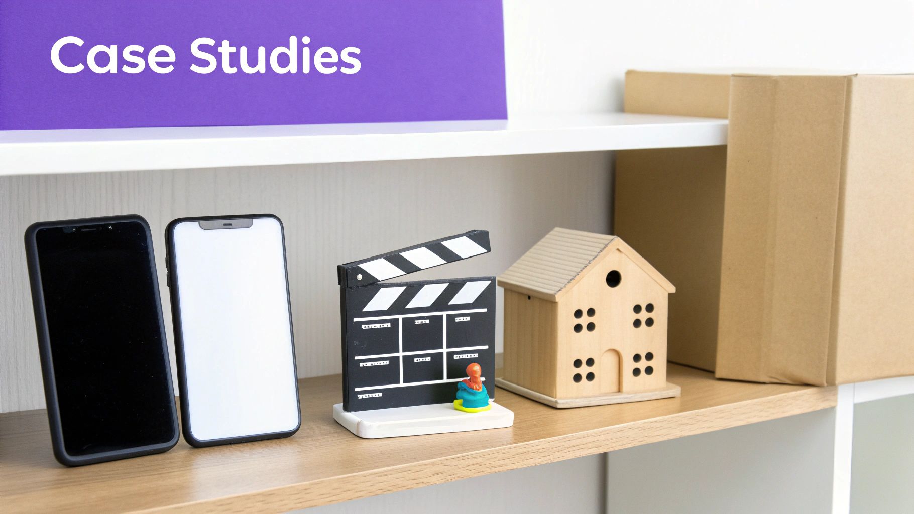 A shelf with 'Case Studies' text, two smartphones, a clapperboard, and a miniature house model.