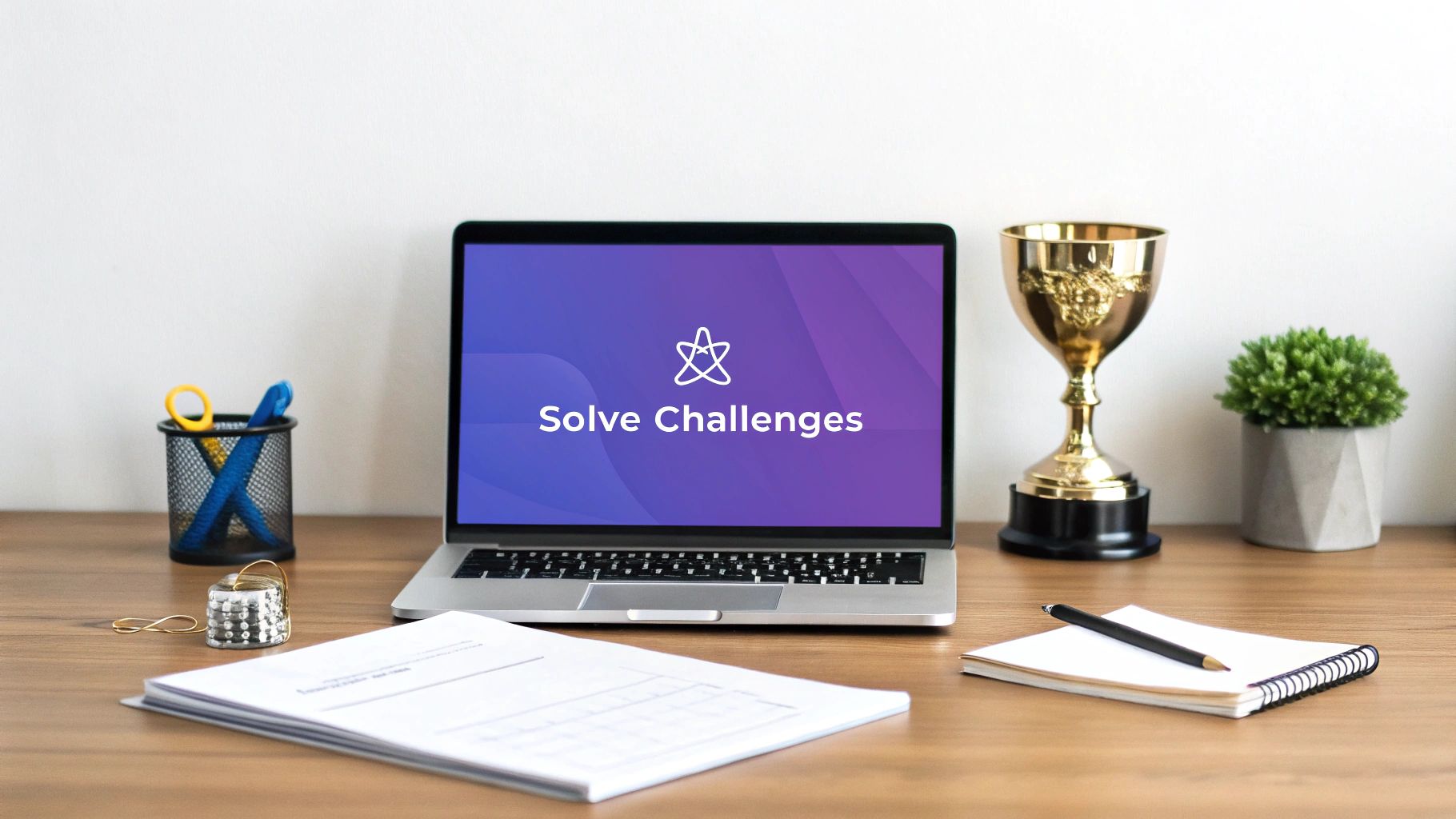 An organized wooden desk with a laptop displaying 'Solve Challenges', a trophy, and office supplies.