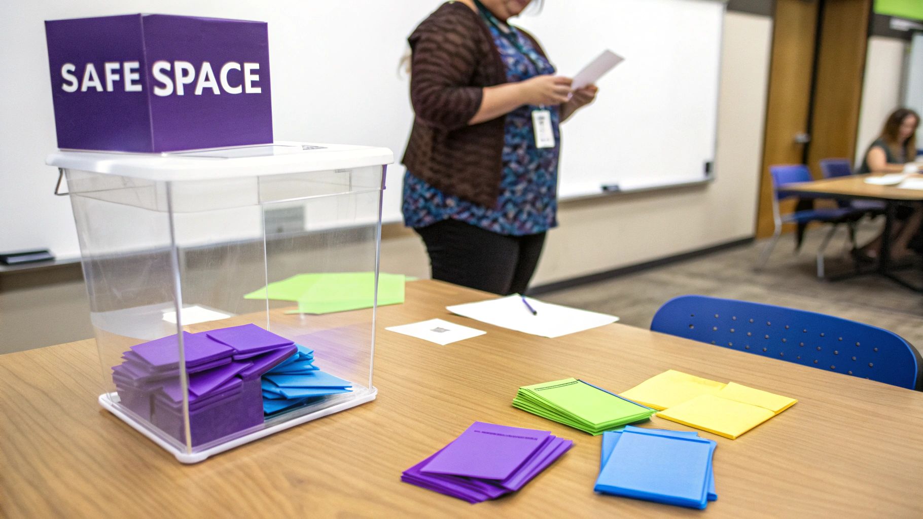 A 'SAFE SPACE' box sits atop a clear feedback container filled with colorful cards in a classroom.