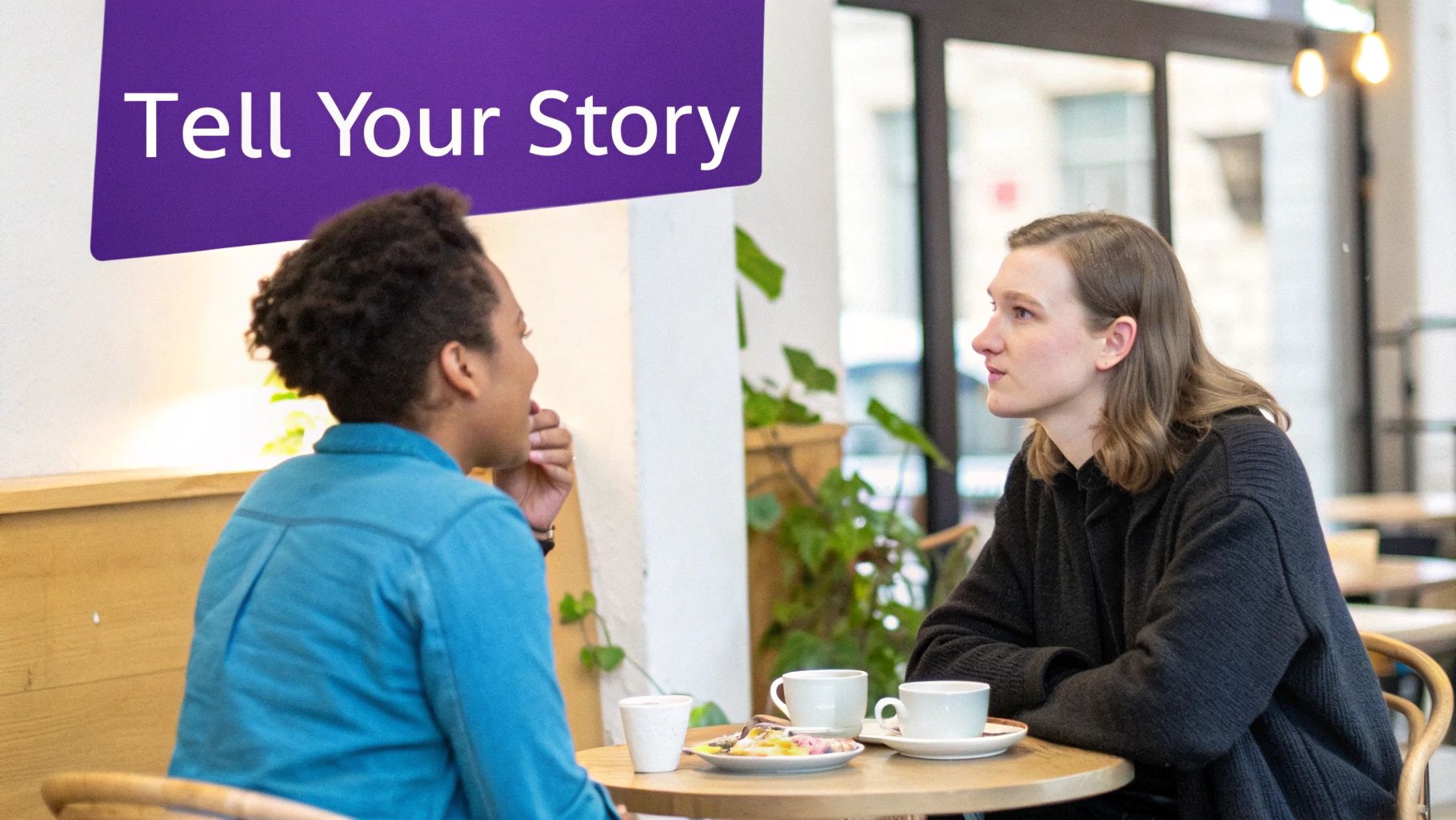 Two individuals conversing at a cafe table with coffee and a snack, under a 'Tell Your Story' sign.