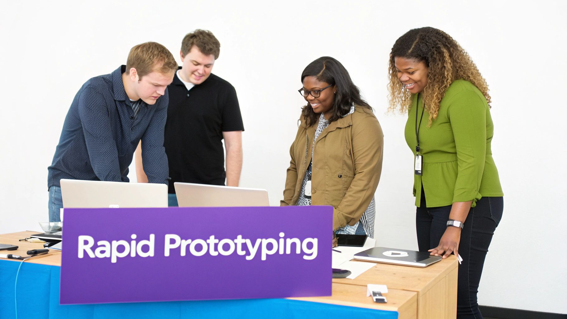 Four diverse colleagues engage in rapid prototyping with laptops at a team building event.