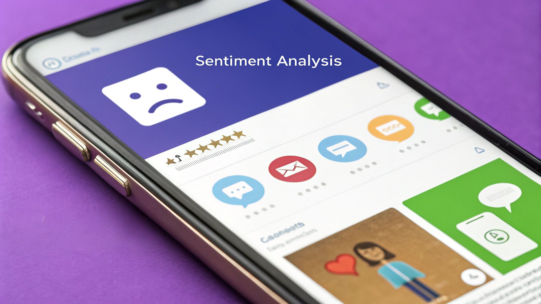 A dashboard showing social media sentiment analysis with charts for positive, negative, and neutral mentions.